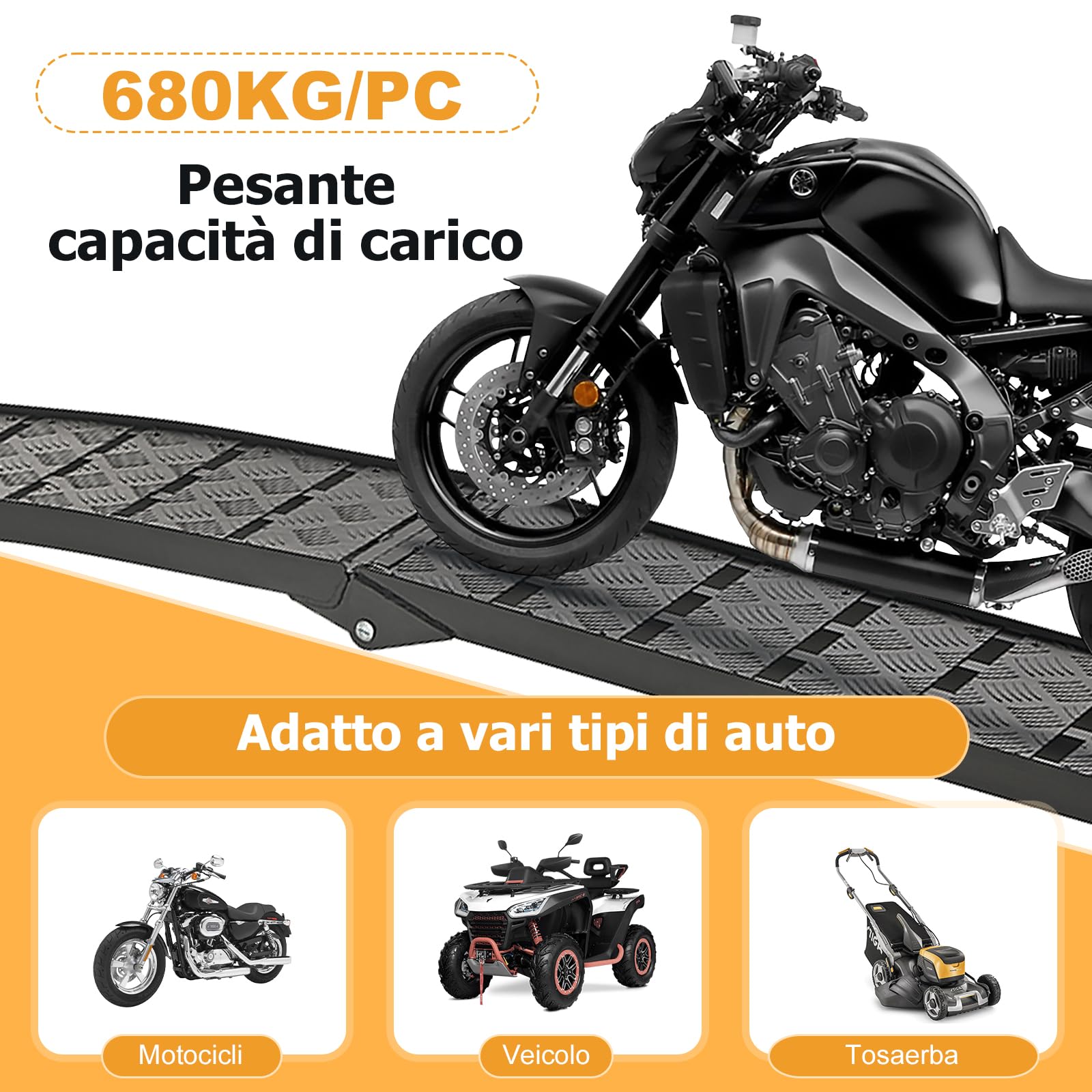 gardhom Rampa Moto Robusta Pieghevole 340Kg Alluminio Rampe per Auto Portatile 228X28X4.5cm Rampe Di Carico per Adatta A Tosaerba, Biciclette e Quad