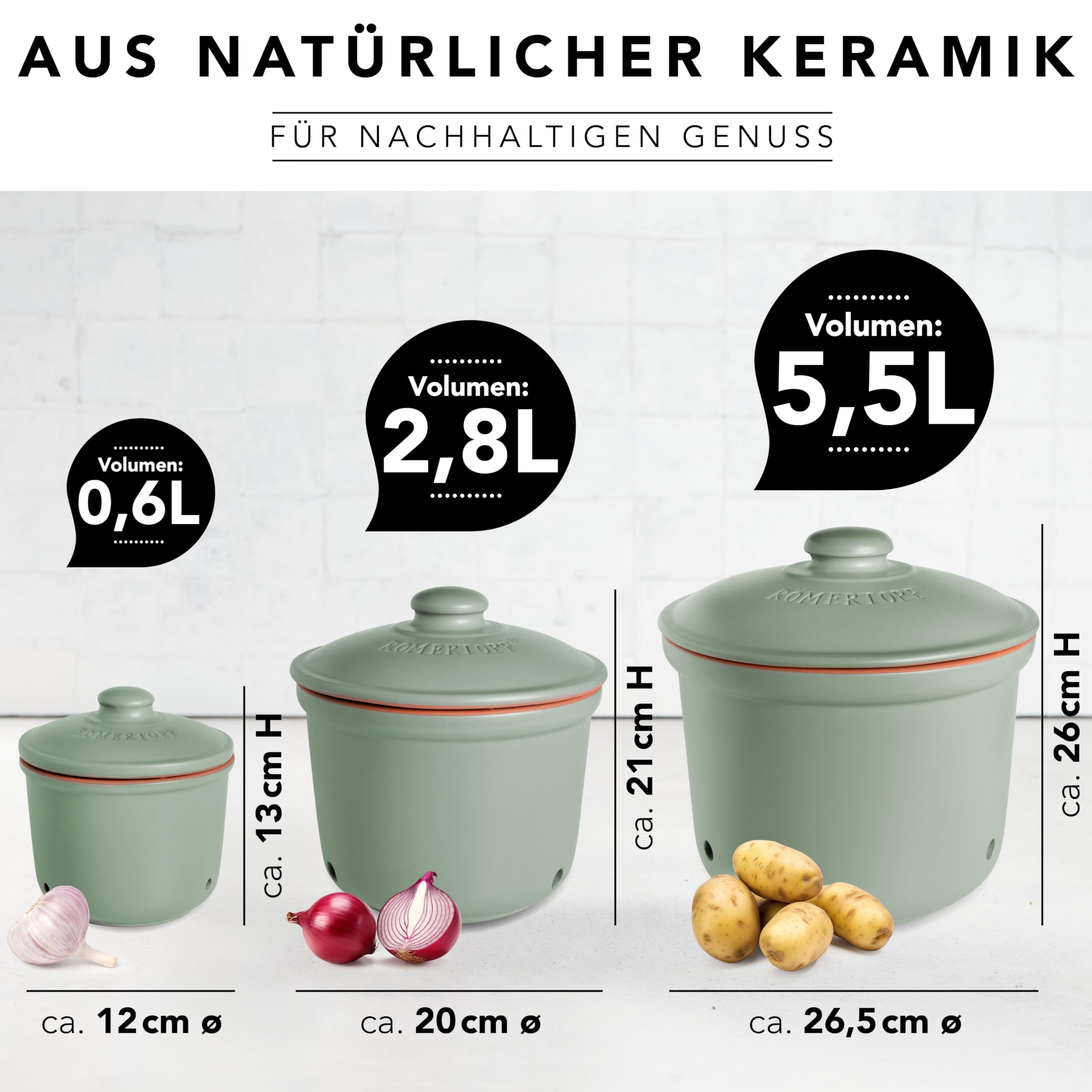 Romertopf Kartoffeltopf & Zwiebeltopf 3er Set – Vorratsdosen aus Keramik für Kartoffeln, Zwiebeln & Knoblauch – atmungsaktiver Ton hält Gemüse länger frisch – Grün