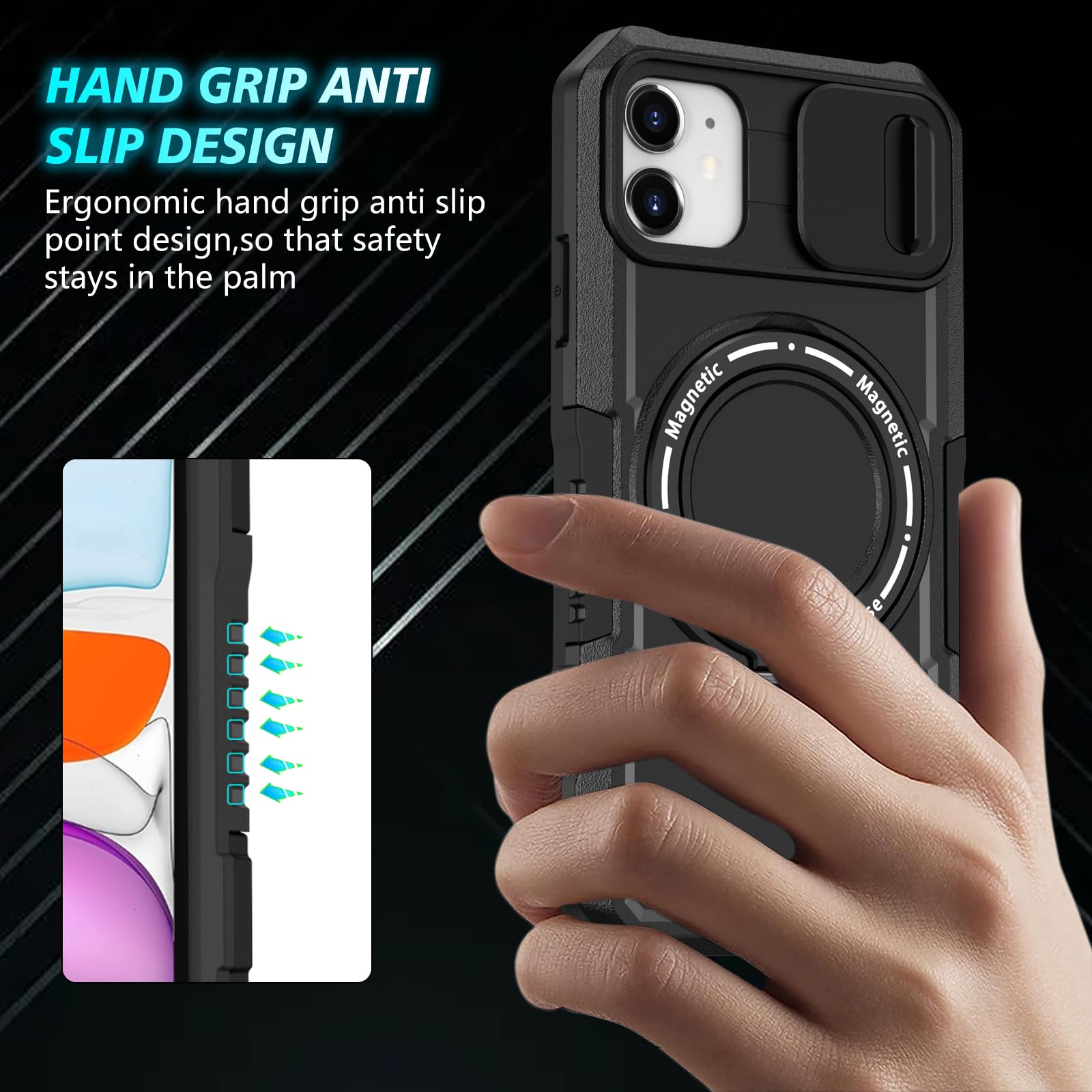 Kainevy Cover per iPhone 11 Magnetica con Supporto [Compatibile con MagSafe], Militare Grado Custodia per iPhone 11 Cover Antiurto con Protezione Fotocamera Slidable Case (Nero
