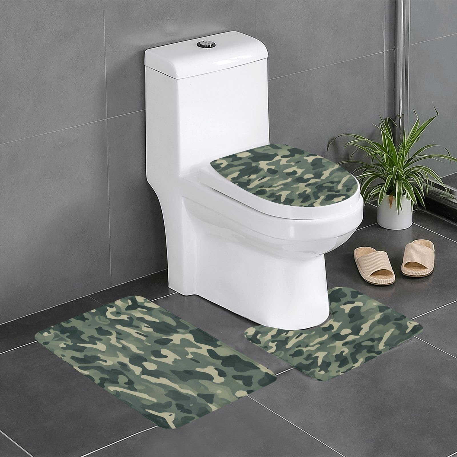 Tapis de salle de bain camouflage vert lot de 3 pour toilettes et lavabo 60x40 cm