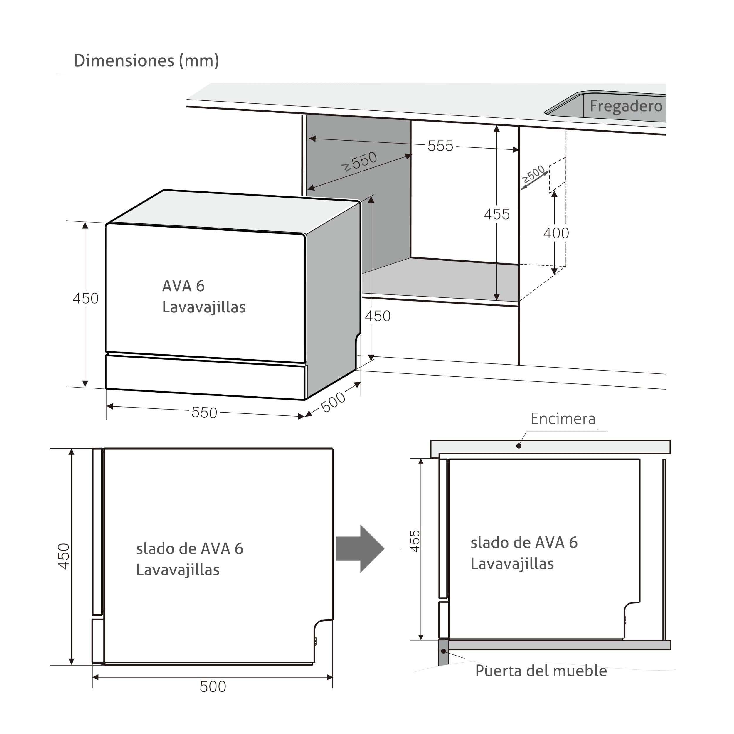 Lavavajillas compacto Turbionaire AVA 6 TPDSAVA6CTG, 6 servicios, 6 programas, modo Eco, descalcificador de agua, lavado 360°, función Restart, 55 cm, Gris