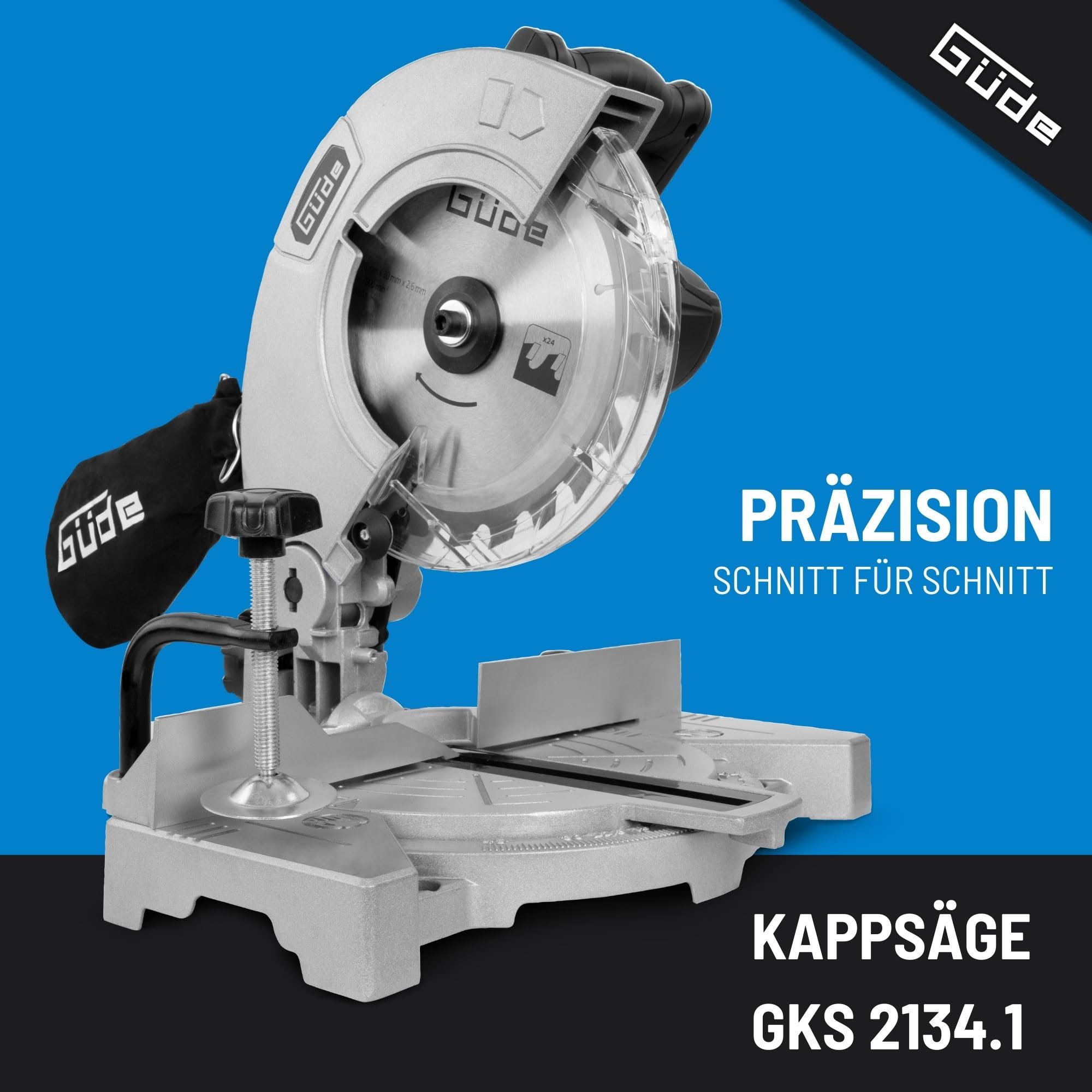 Güde Piła ukośna GKS 2134.1 (230 V, 1100 W, prędkość obrotowa silnika 5500 1/min, średnica brzeszczotu 210 mm, głowica obracana do 45°, zakres cięcia (przy 90°/90°) 60 x 120 mm, skala stopni, w