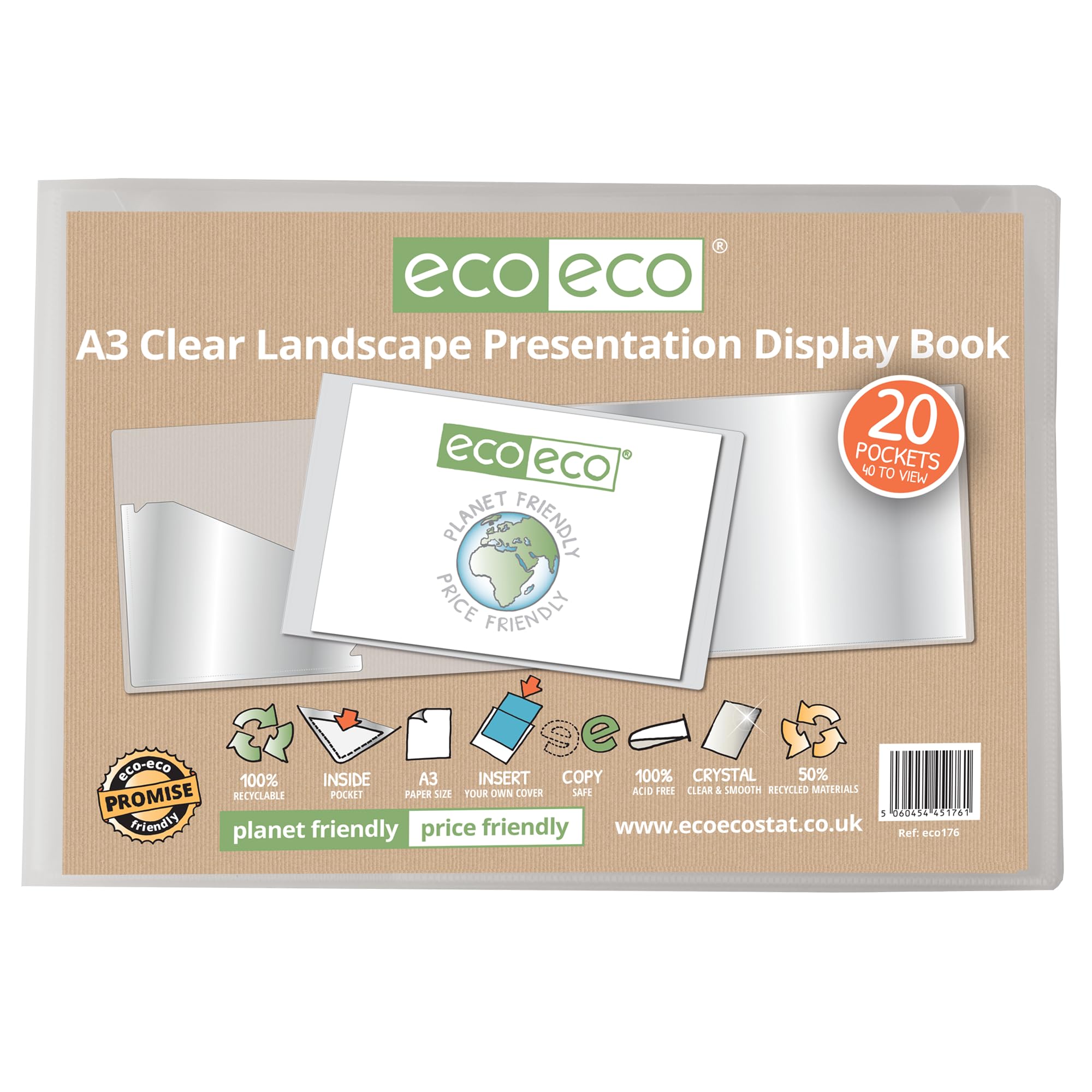 eco-eco Eco176x6 - Libro de presentación de paisaje transparente A3 50% reciclado, 20 bolsillos, estuche de almacenamiento, carpeta de arte con fundas de plástico, paquete de 6