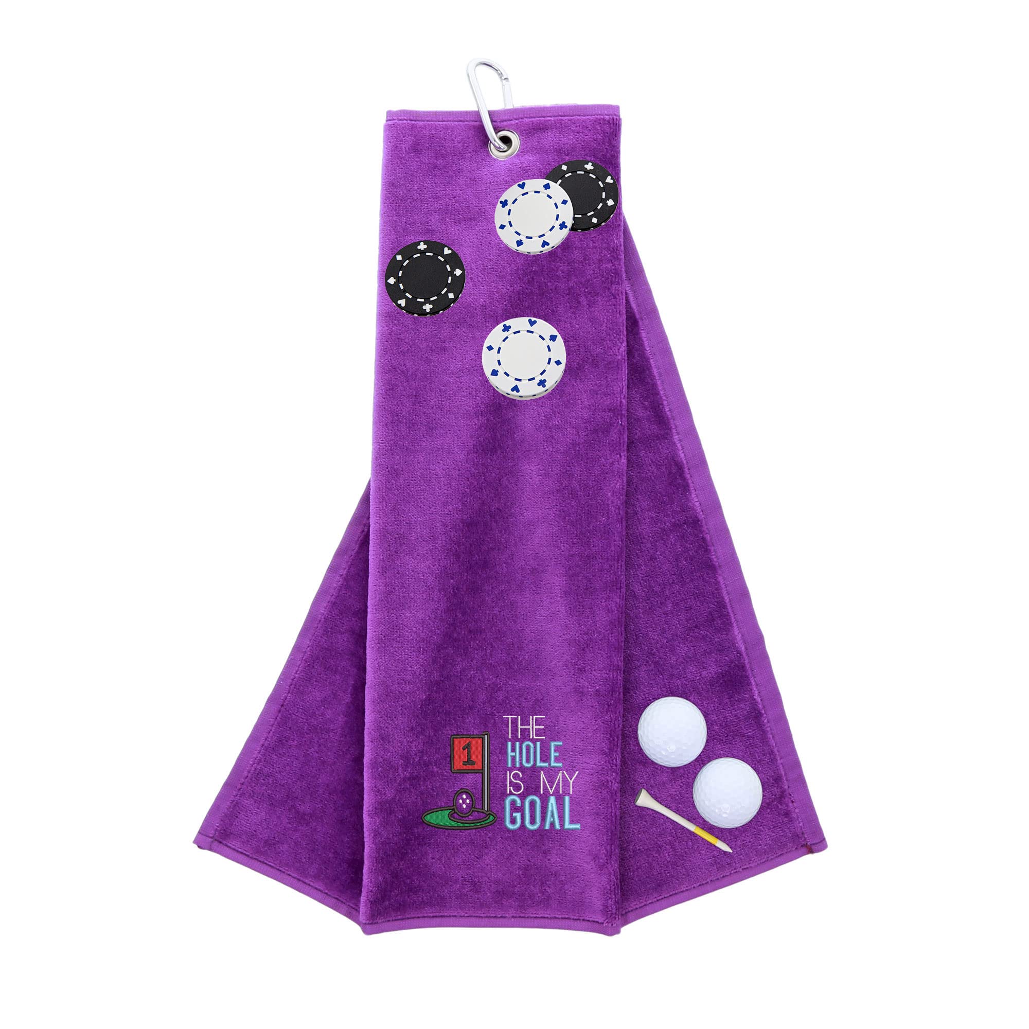 Funny Trifold Golf Towel and Poker Chip Marker Set Gift for Men, Carabiner Clip for Golf Bags, Hole is my Goal, Purple