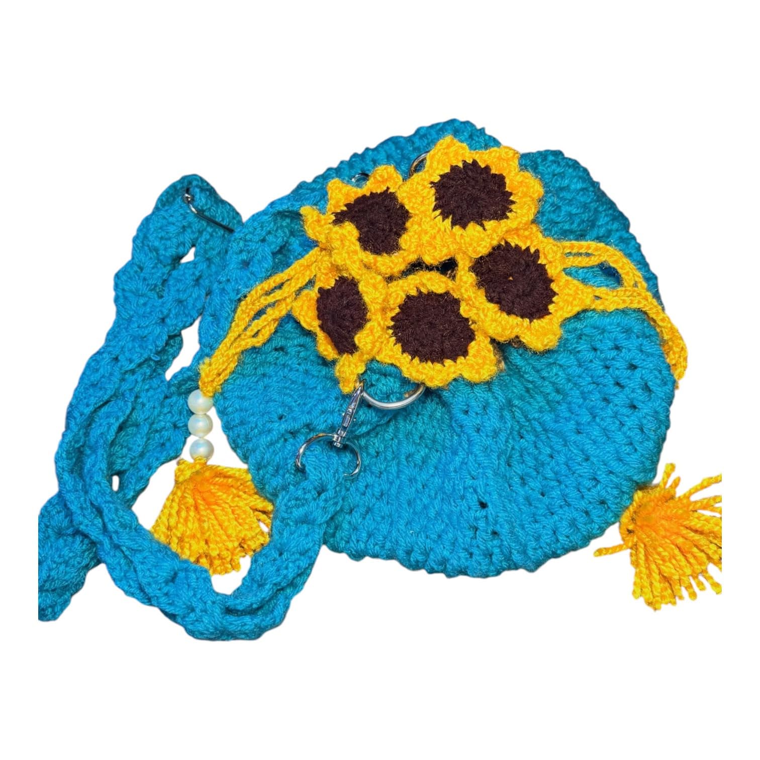 Crochet Sunflower Potli Purse, Teal and Yellow, Handmade Crossbody Bag with Tassels and Braided Strap-image-46
