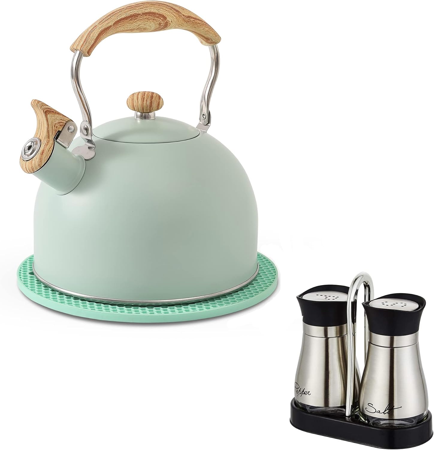 Tea Kettle and Salt and Pepper Shakers Set with Holder