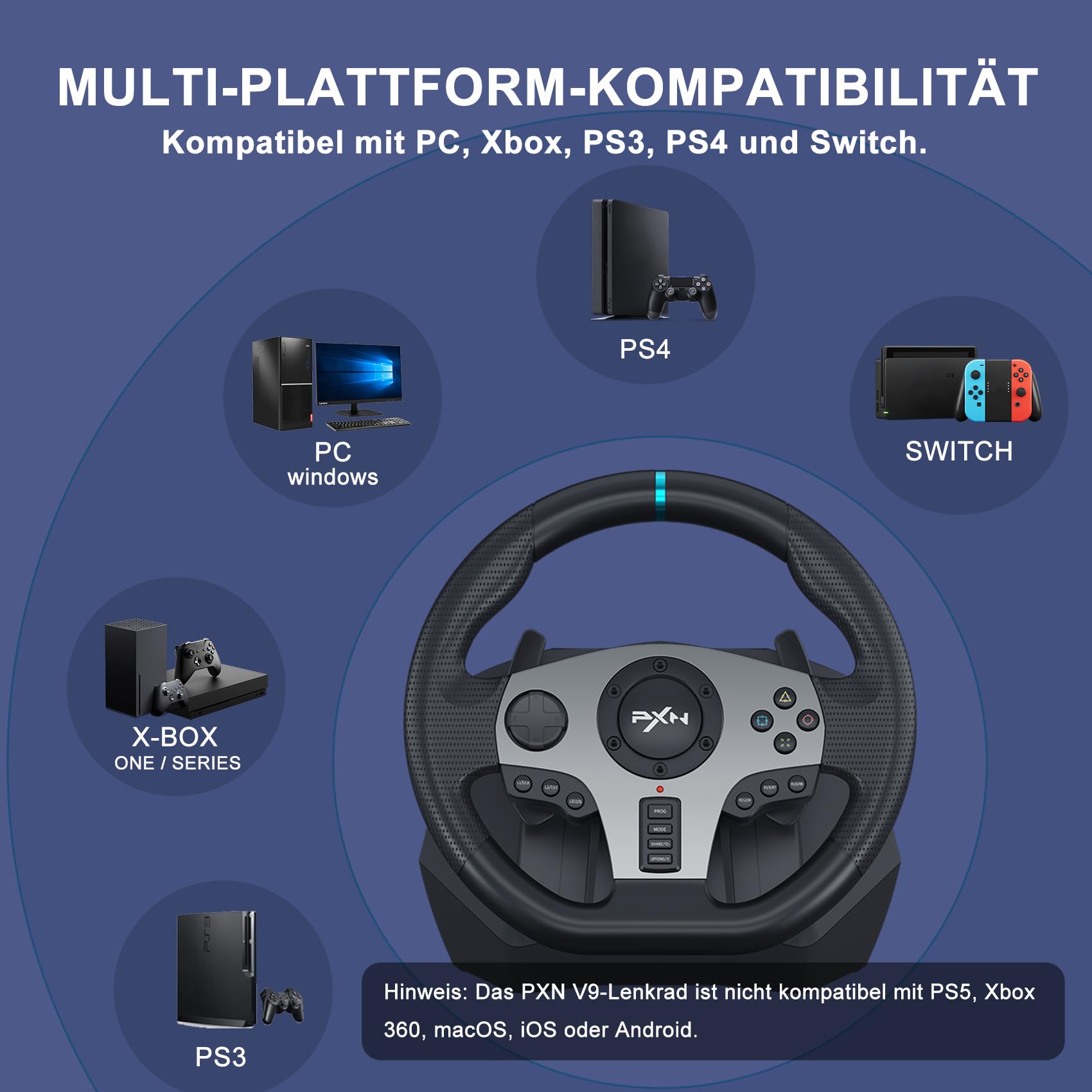 PXN V9 Gaming Lenkrad mit Pedalen und Schaltung - Lenkrad PC, 270&900 Grad, Tool-App, Vibrationsrückmeldung, Schaltwippen - für PC, Xbox, PS4, und PS3