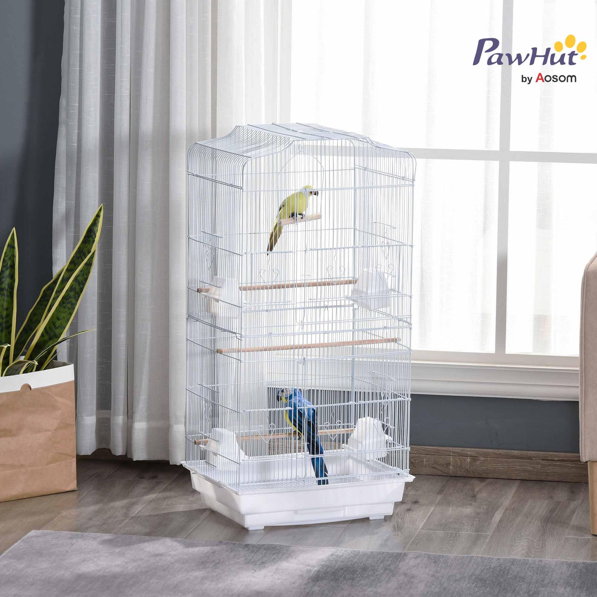 PawHut Gabbia per Uccelli Portatile con Maniglia, Vassoio Estraibile e Porte, Voliera per Pappagallini con Posatoi in Legno, Altalena e Ciotole per Cibo, 46.5x35.5x92cm, Bianco