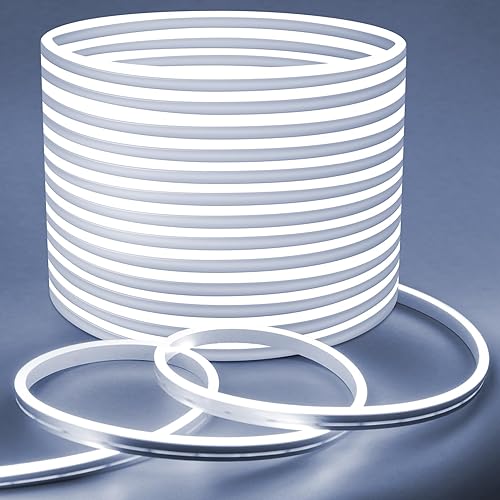 Lamomo Tira de luces LED, tira de luces LED de neón blanca de 32.8 pies, 0.65 pulgadascorte, de silicona, flexible, impermeable, 24 V, tira de luz