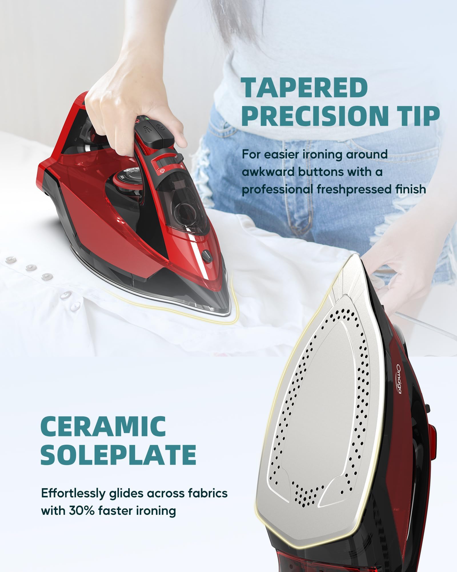 OMAIGA Cordless Steam Iron for Clothes, 1500W, Ceramic Soleplate, Red view 5