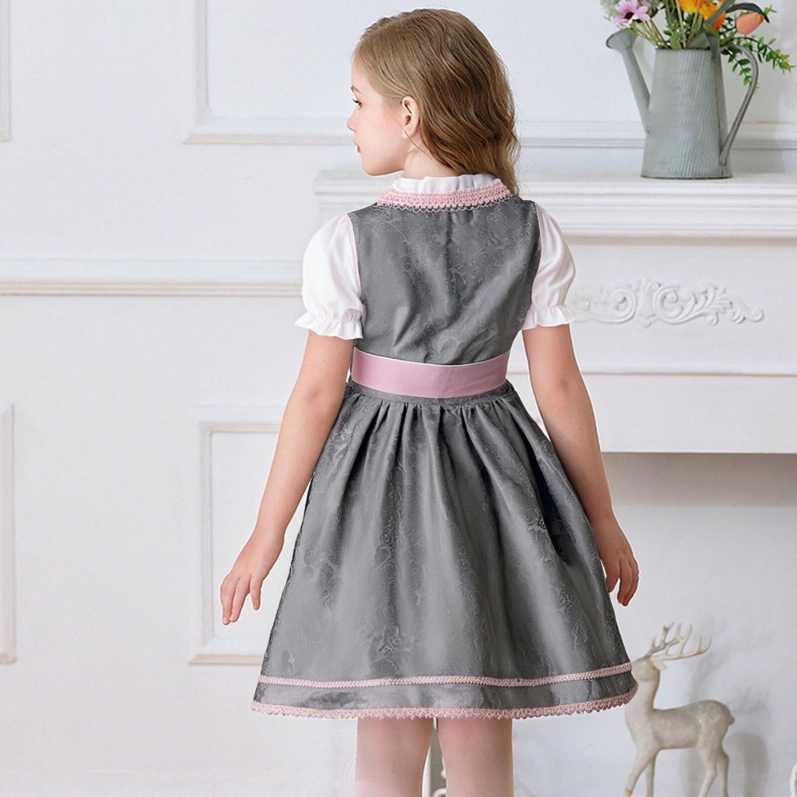 Dirndl Mädchen Kinder Midi Trachtenkleid 3-TLG Kinderdirndl Dirndlbluse Schürze für Oktoberfest Kirchweih Hochzeit Sonntagausflug Kostüm Kinder Bayerisches Bierfest Trachten Dirndlkleid