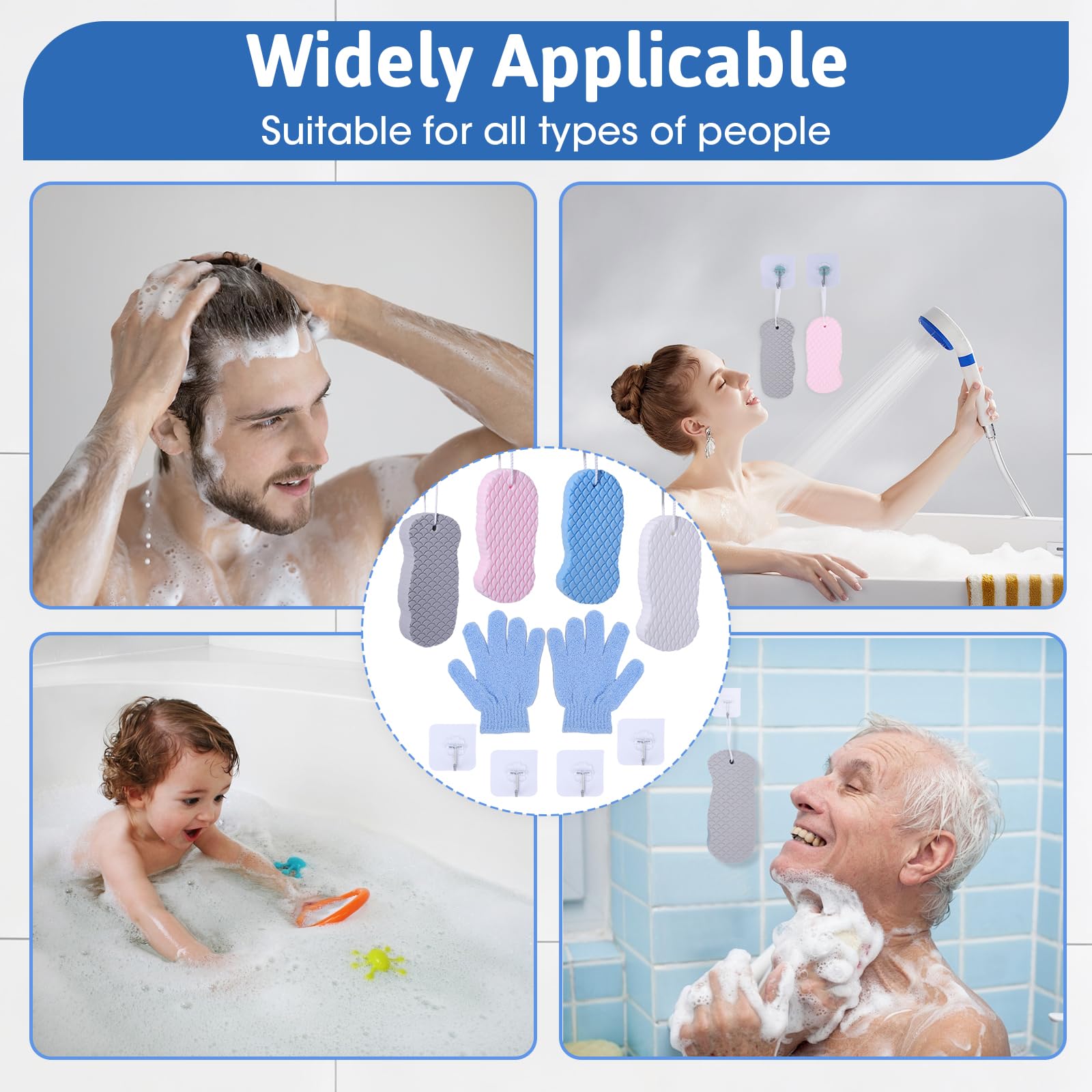 Gąbka do kąpieli peelingująca, 4 sztuki, ultra miękka gąbka do kąpieli, delikatny peeling, z rękawiczkami kąpielowymi i 4 haczykami, peeling wielokrotnego użytku, dla dorosłych, dzieci i kobiet