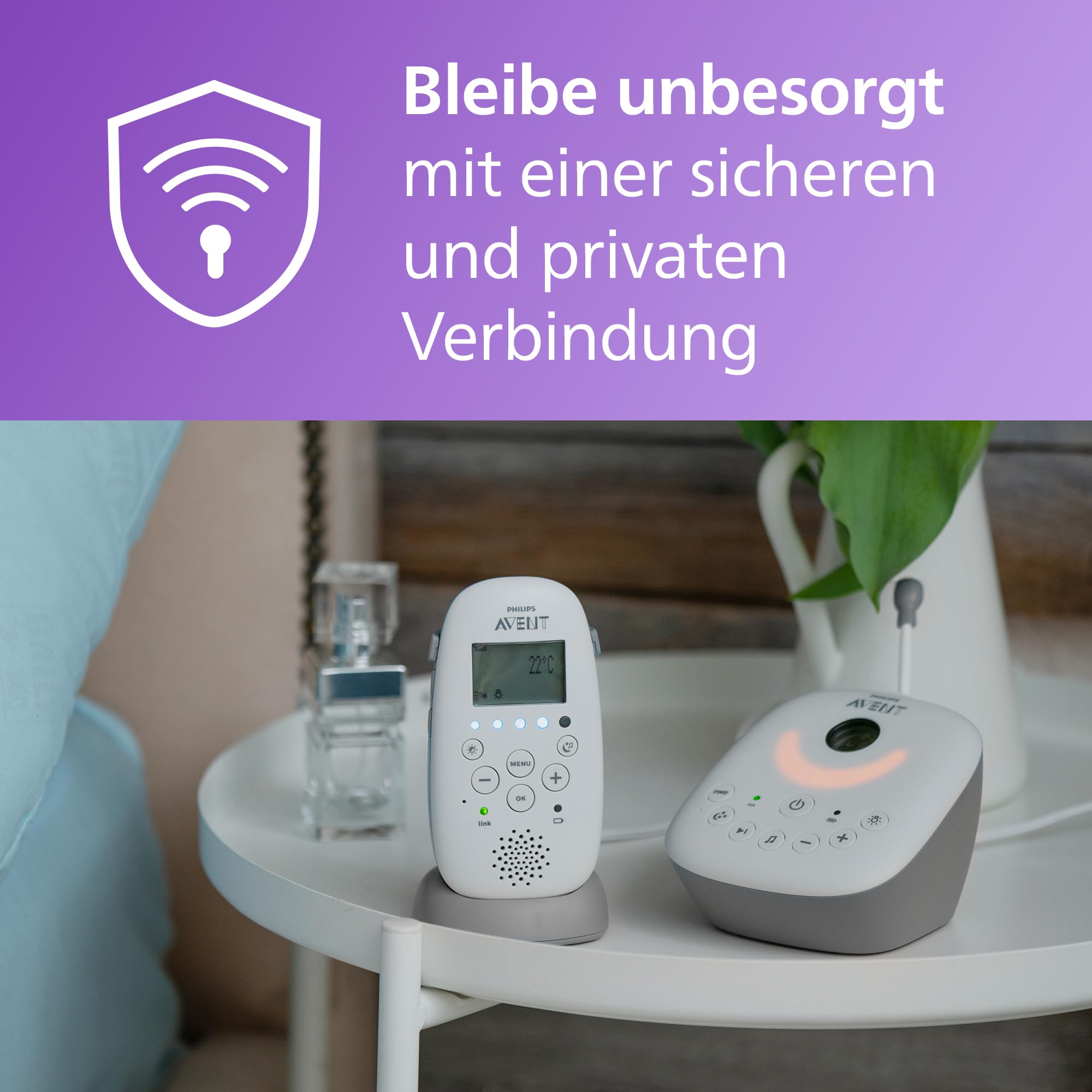 Philips AVENT Audio Babyphone, DECT-Technologie, Eco-Mode, Sternenhimmel, Gegensprechfunktion, Schlaf- und Nachtlieder, 18 Std. Laufzeit, maximale Reichweite, weiß (Modell SCD733/26)