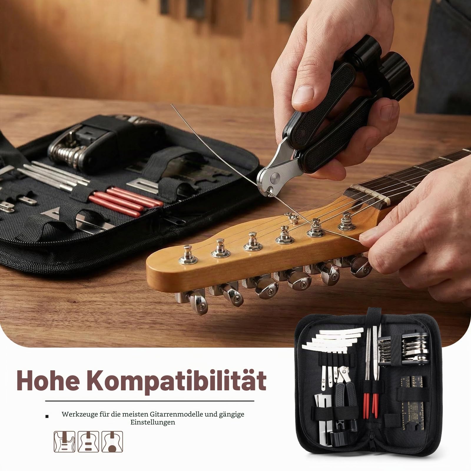 Gitarrenreiniger & Reparatur Set - Pflegeöl, Glanzwachs, Bundpolitur, Gitarren-Werkzeuge, Reinigungstuch, Tasche - All IN ONE Reinigung und Setup für Guitar Bass Ukulele