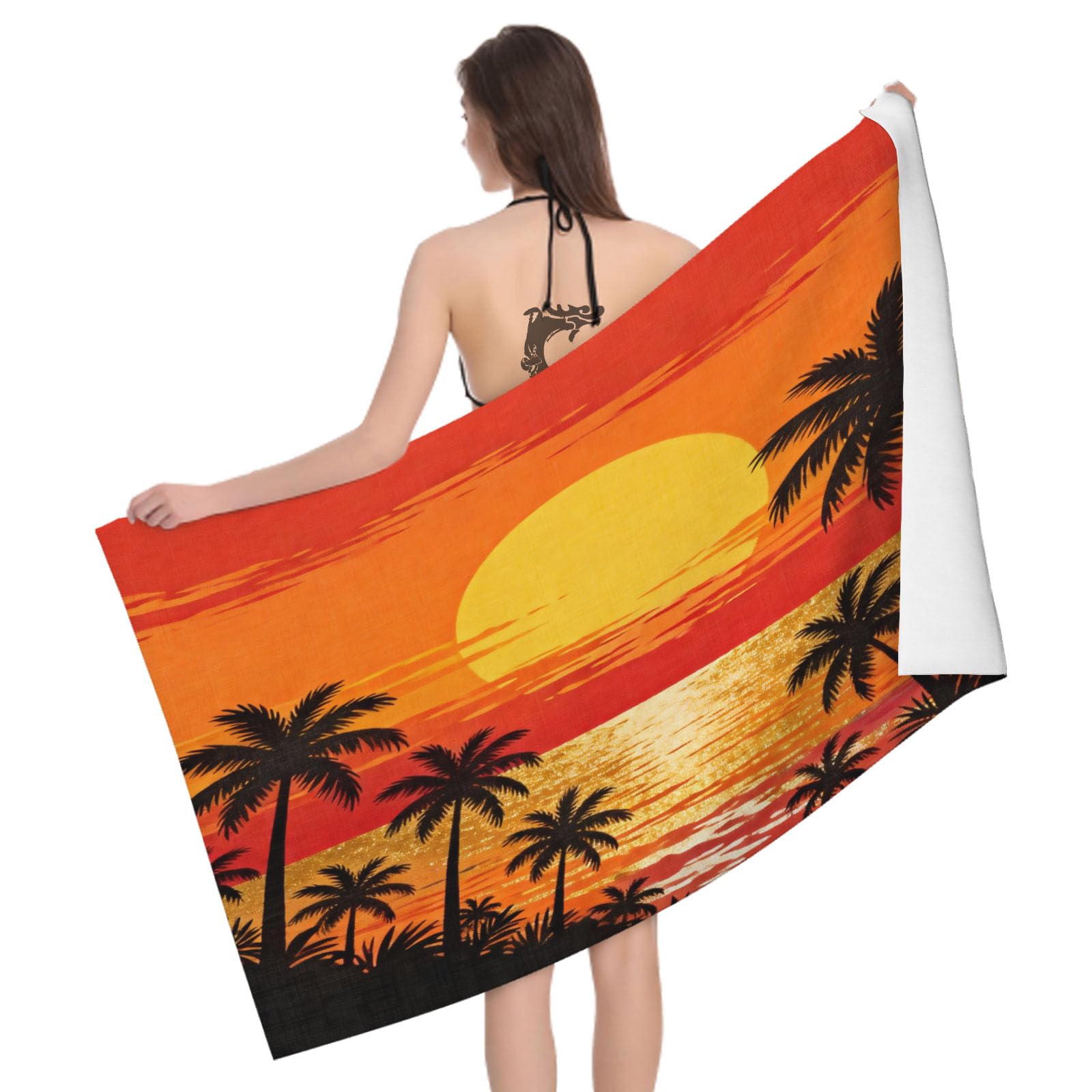 Leichong 3D Tropical Sunset Beach Towel Large Microfiber Soft Quick Dry for Adults, Palm Tree Silhouette Bath Towel Lightweight Soft Absorbent for Travel Swimming Pool Sports, 180 x 90 cm