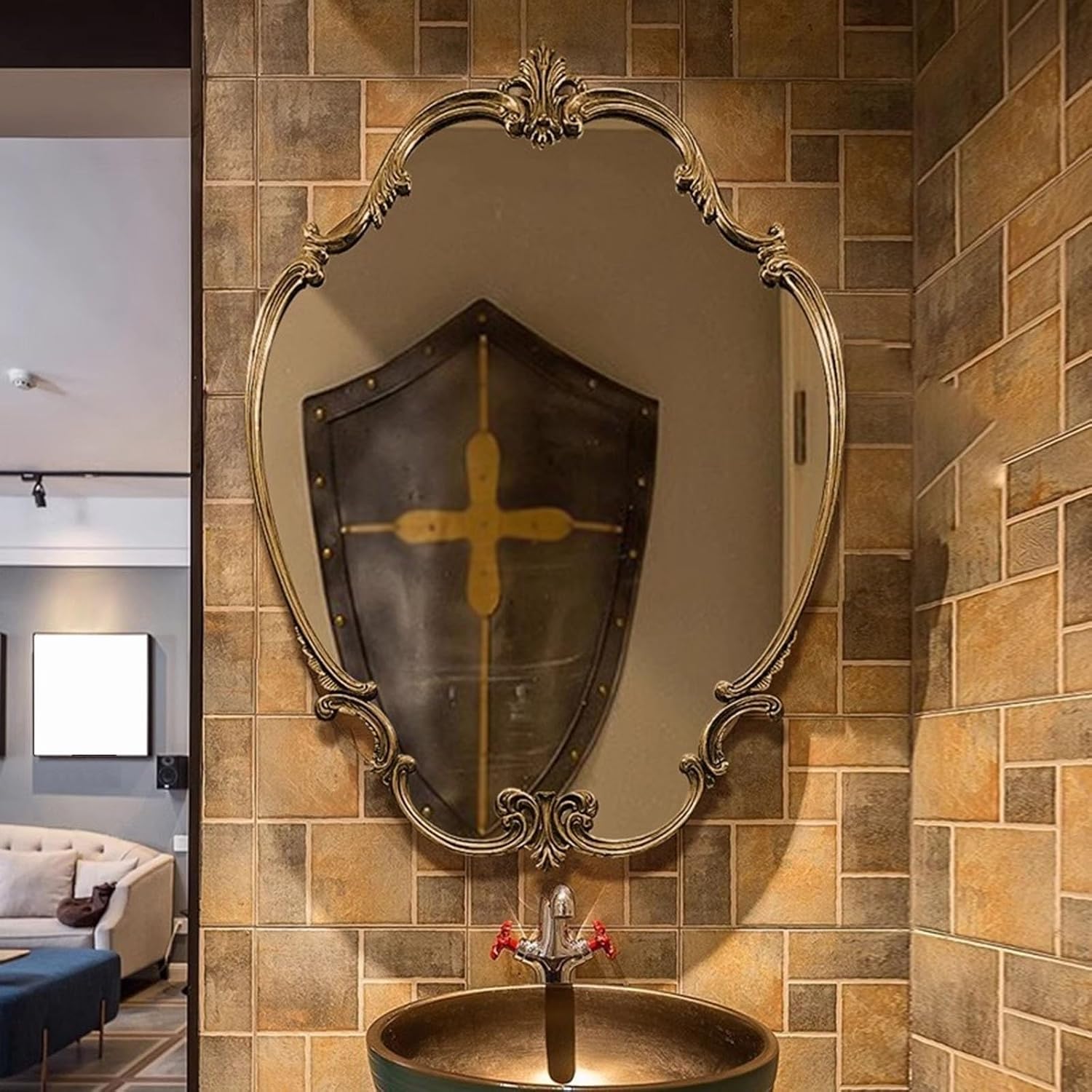 TZUFA Wooden Frame Hanging Mirror, Antique Decorative Vanity Mirrors for Bedroom, Bathroom, Living Room, Entryway