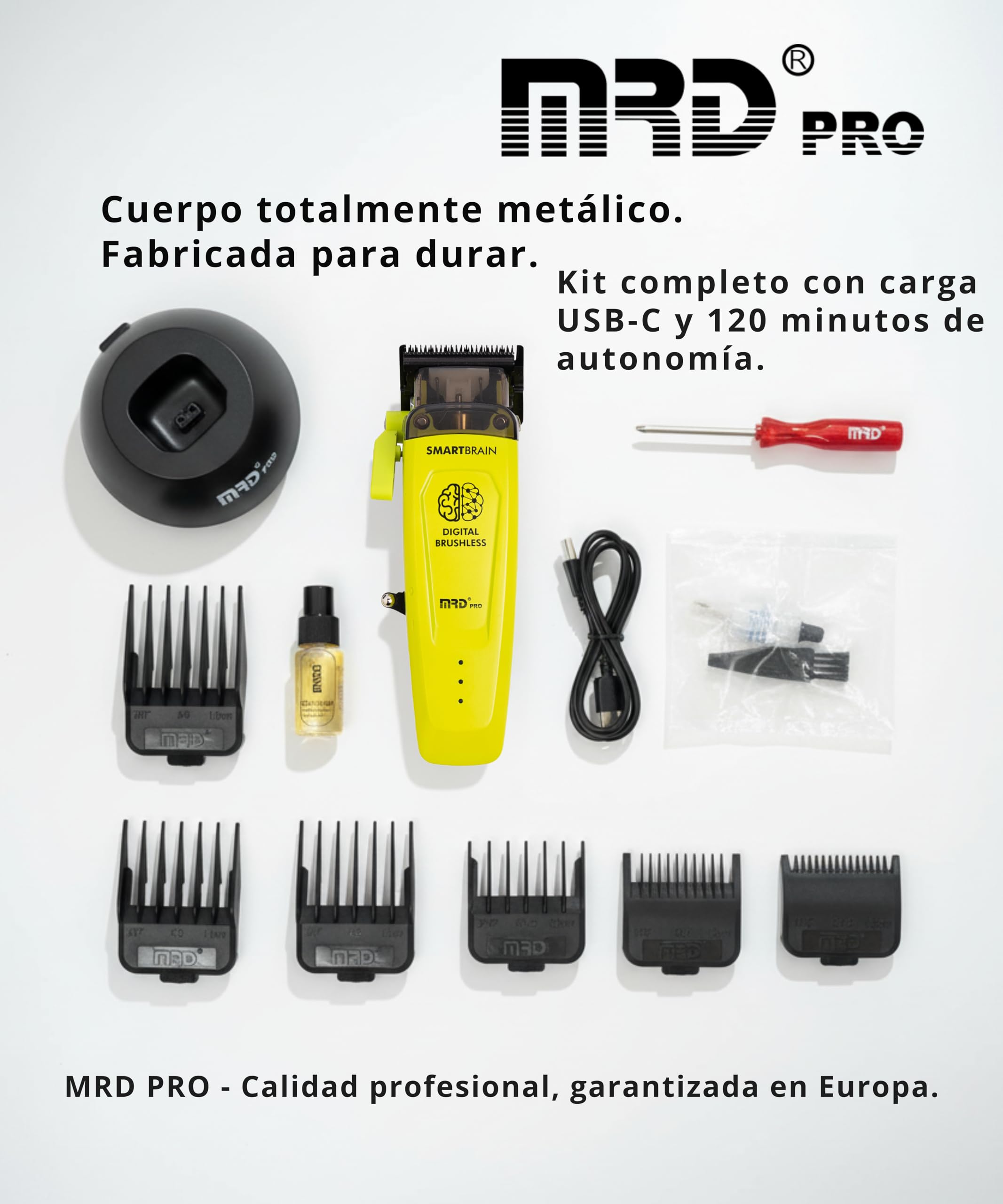 MRD Clipper PRO Smartbrain – Máquina de cortar pelo hombre profesional con motor Brushless, cuchilla DLC Faper y cuerpo metálico, cortapelos MRD pro recargable USB-C