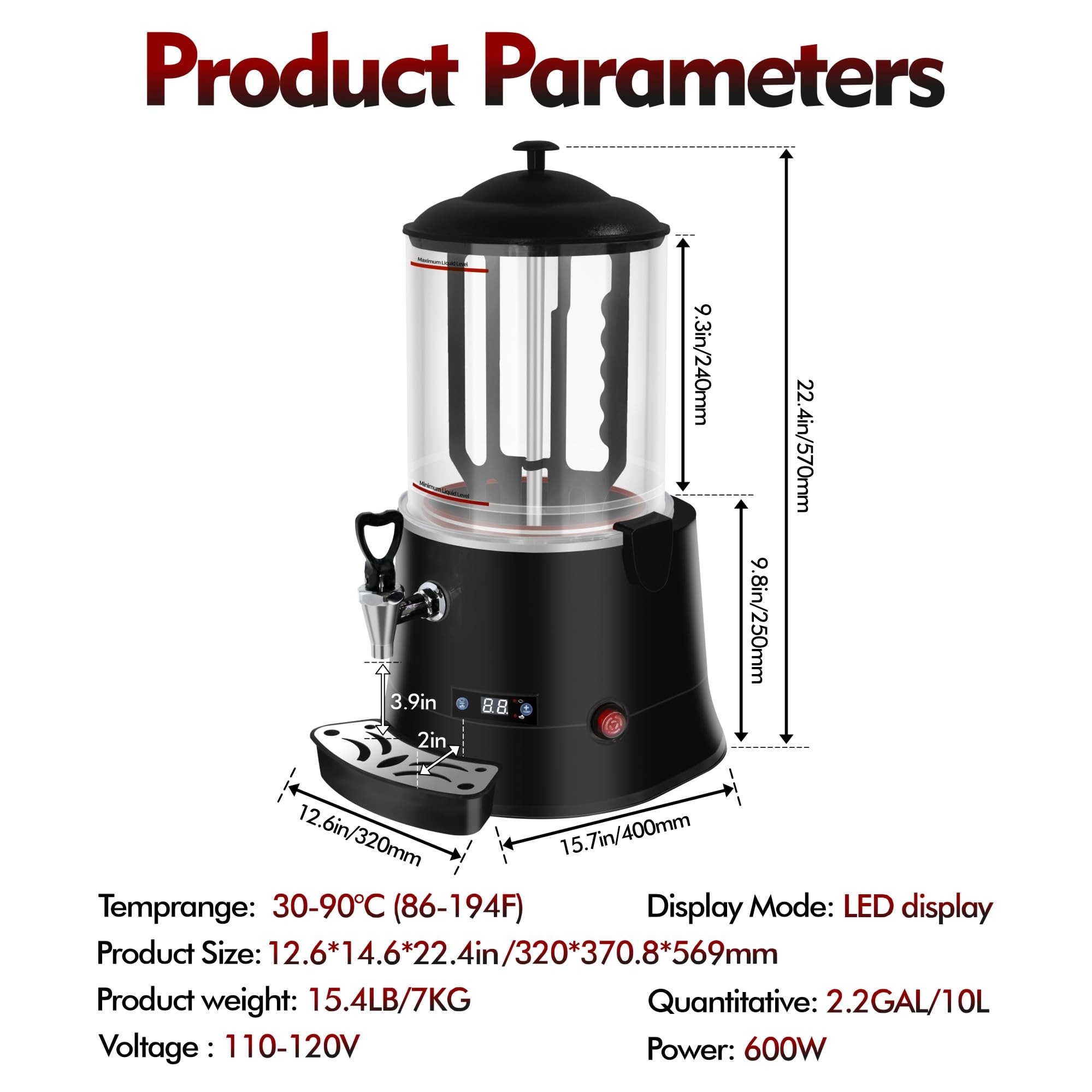 10L Gewerblicher Kakaospender Heiße Schokolade Maschine, 600W Heißgetränke-Wärmer mit Einstellbare Temperatur & LED Display & Transparentem Tank & Rührfunktion, Heißgetränkebereiter für Tee (Schwarz)