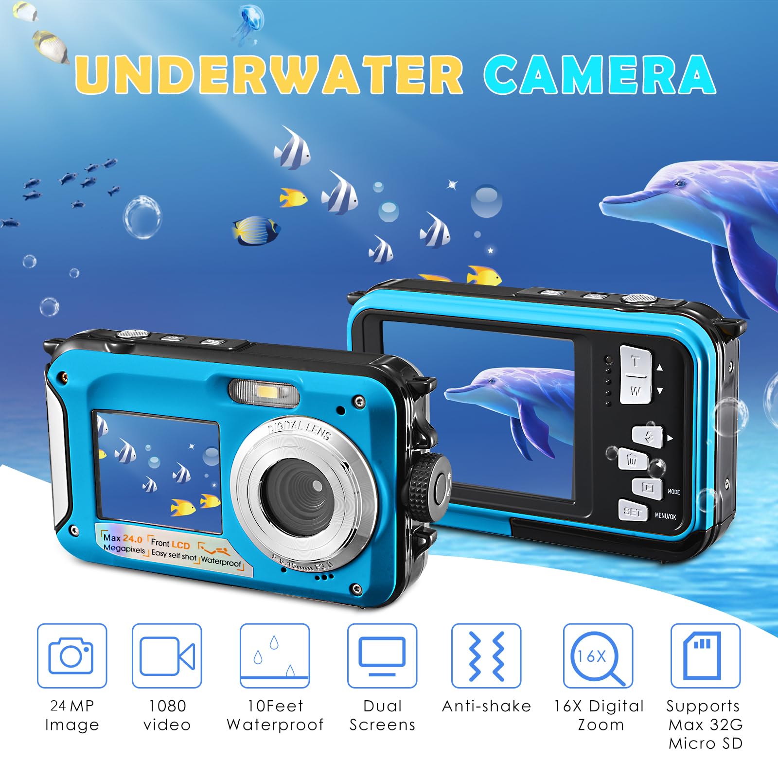 Cámara submarina, Full HD 2.7K 24MP impermeable, cámara compacta impermeable de 10 pies, zoom digital 16x, cámara digital antitemblor para niños, adolescentes, principiantes