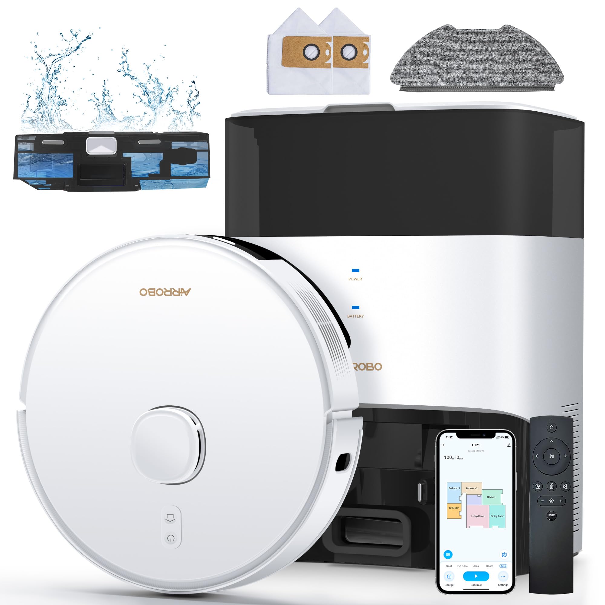 AIRROBO GT21 Robot Vacuum Cleaner with Wiping Function, 3.5 L Vacuum Cleaner Robot with Suction Station, 180 Min Runtime, LiDAR Navigation, Strong Suction Power, App Control, Ideal for Carpet and Pet Hair