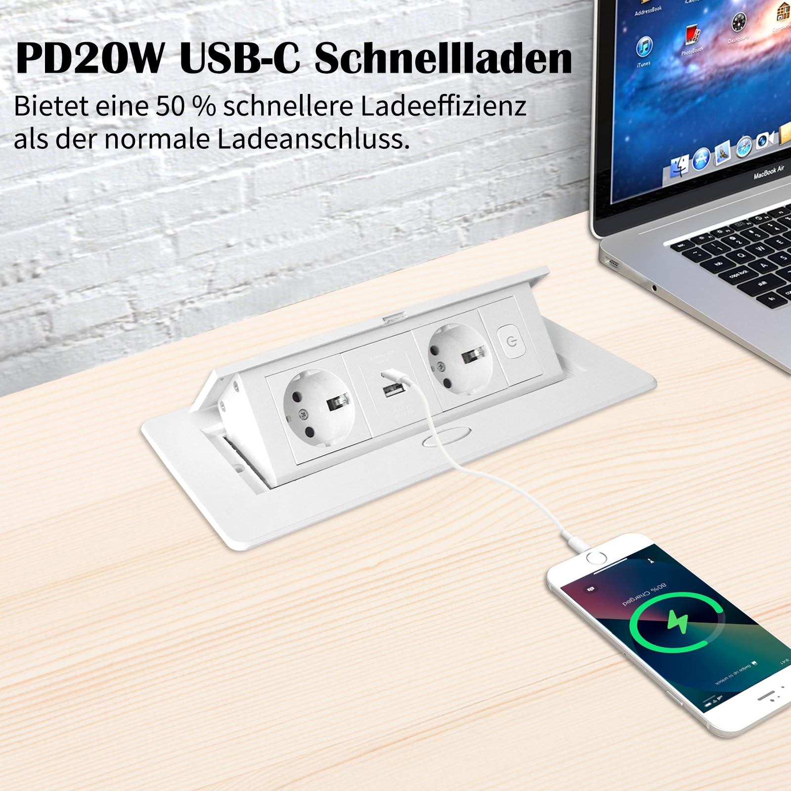 Presa retraibile PD20W USB-C con ricarica rapida, presa da tavolo, presa a muro con interruttore per piano di lavoro della cucina, scrivania, Bianca
