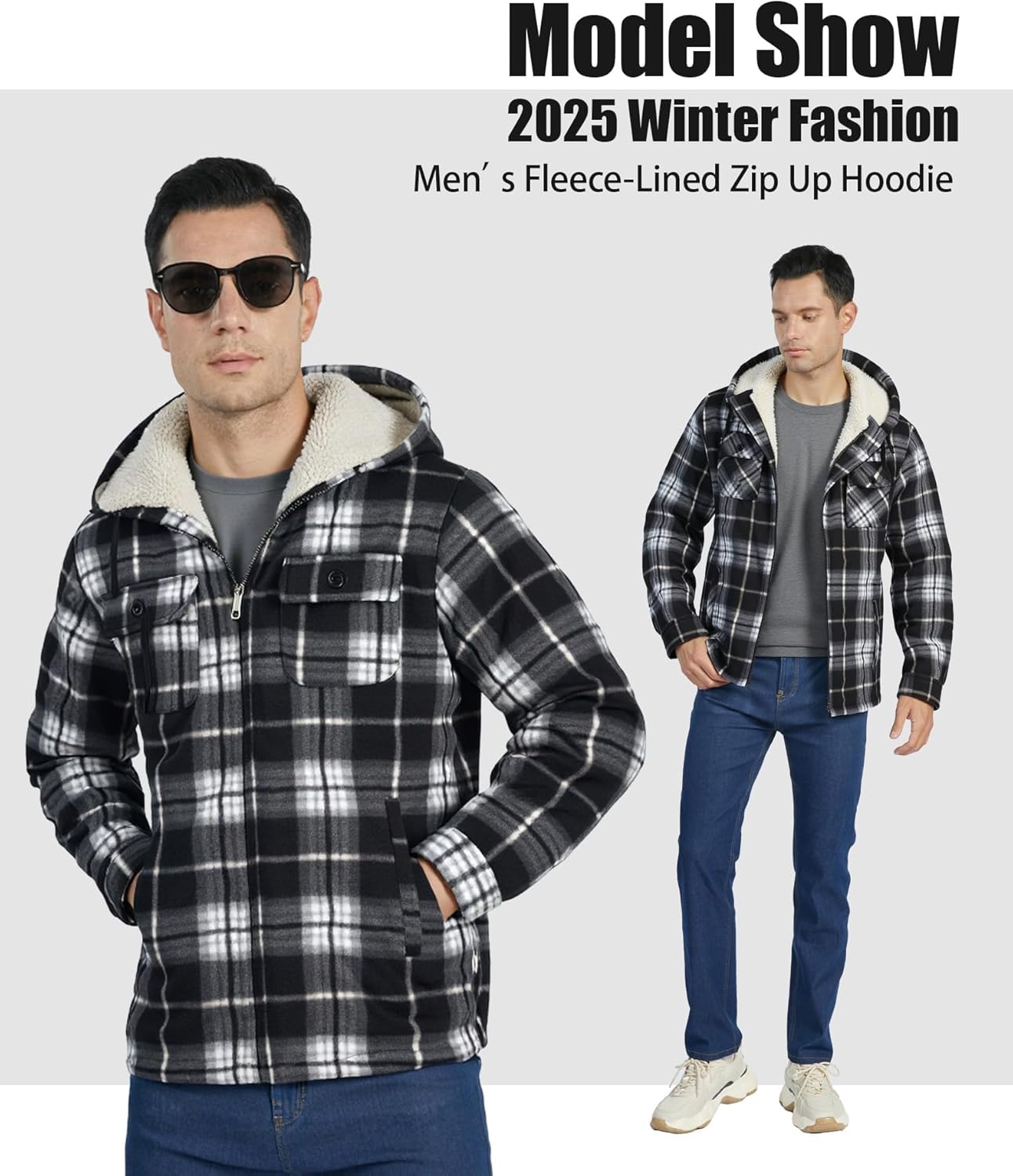 Little Beauty Men's Flannel Shirt Jacket Zip Up Fleece Plaid Jackets with Pokect Winter Warm Sherpa Lined Coat Hoodie - Image 3