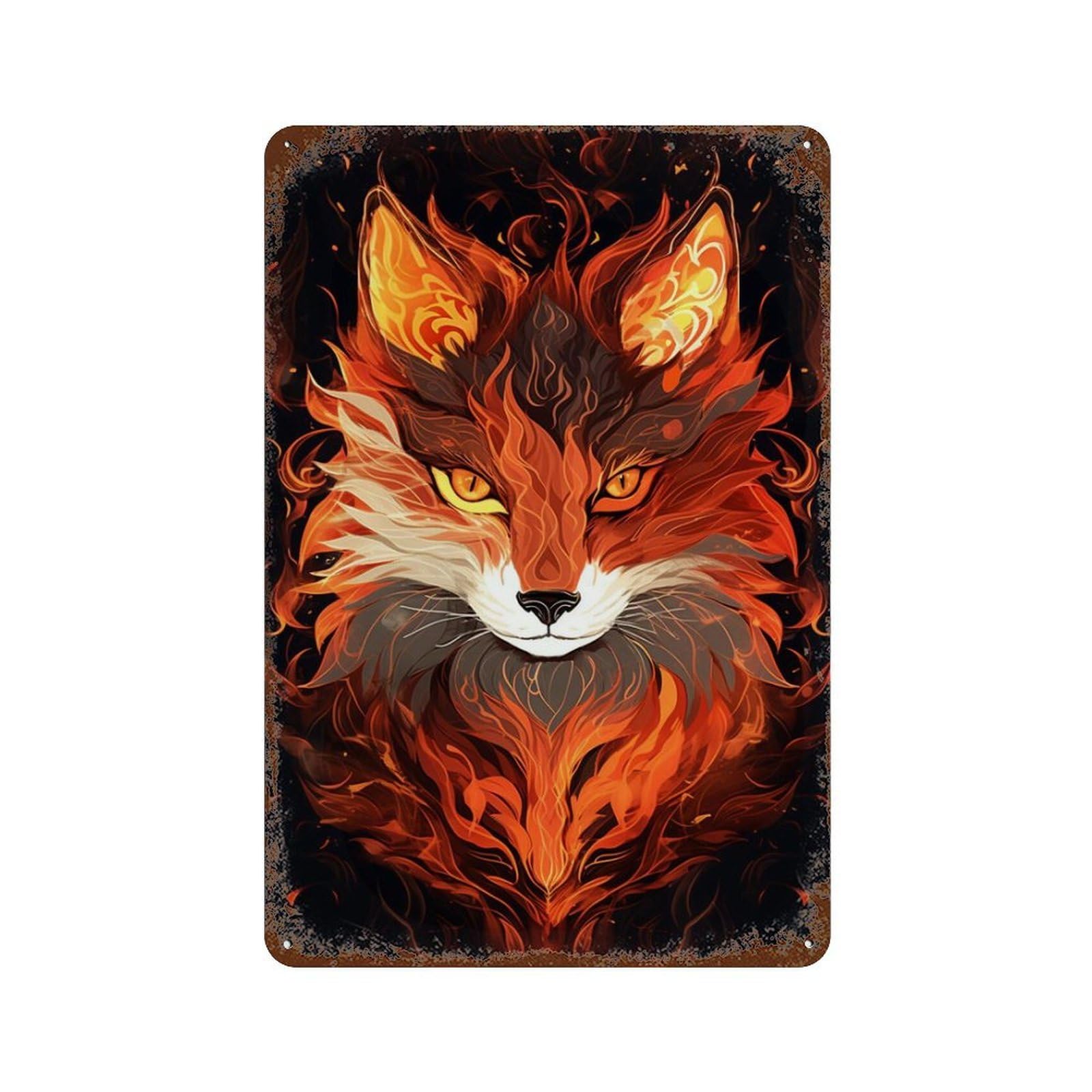 Flaming Fox Art Print 11.8"x7.9" Weathered Tin Sign, Rustic Home Decor for Living Room, Hallway And Home Decor
