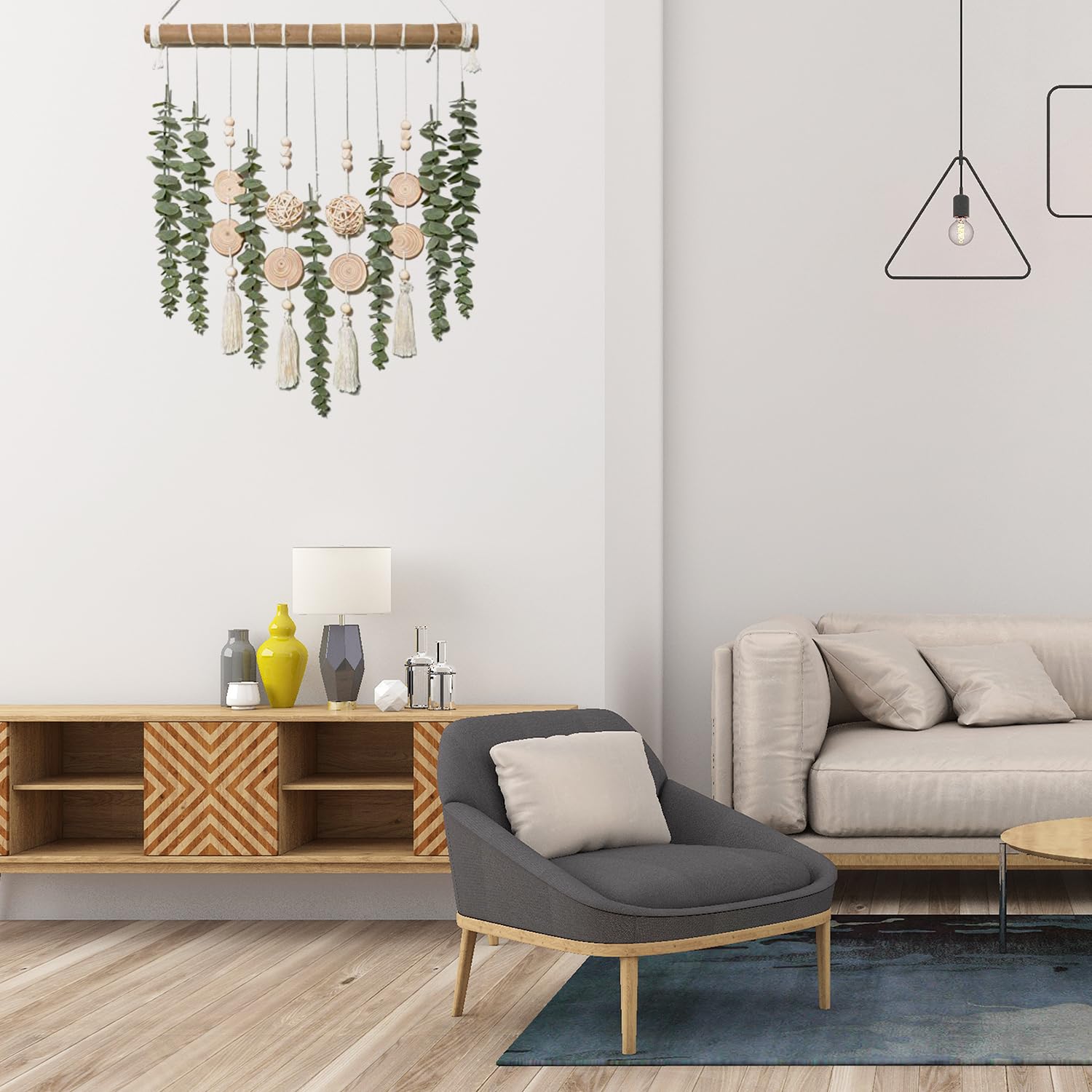 JOYWU Artificial Eucalyptus Wall Decor,50 x 40cm Fake Eucalyptus Leaves Stems Wall Hanging with Wooden Stick,Wood Beads,Chips,Wicker Ball and Tassles,Boho Fake Greenery Plants Decor for Home (#B)