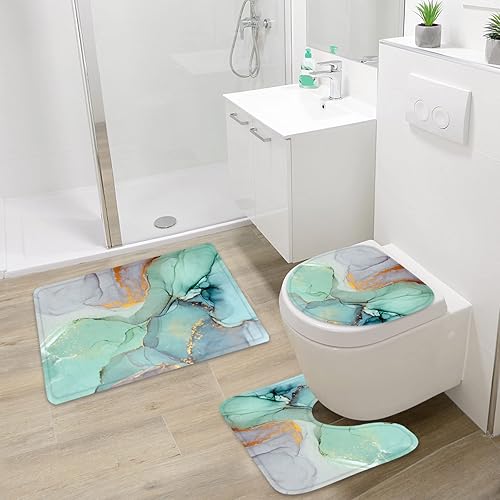 Miniatura 33 de Gibelle Juego de 4 cortinas de ducha de baño con alfombras antideslizantes, cubierta para tapa de inodoro y tapete de baño, juego de decoración