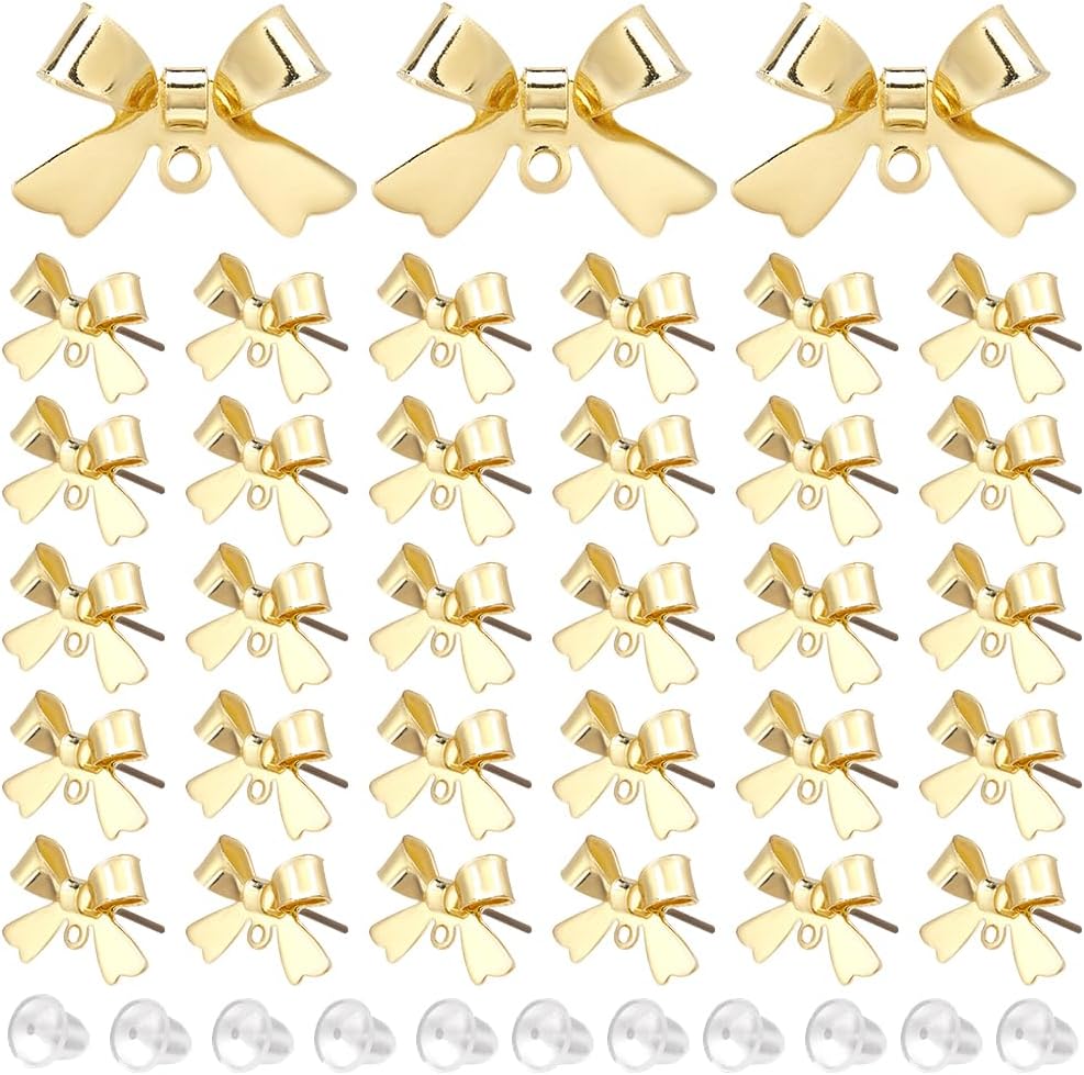 1 Box 50Pcs Bow Earring Post Bow Stud Earring Post Gold Brass Real 18k Gold Plated Earring Stud with Ear Nuts Bowknot Stud Earring Findings for Jewelry Making Earrings Supplies DIY Crafts