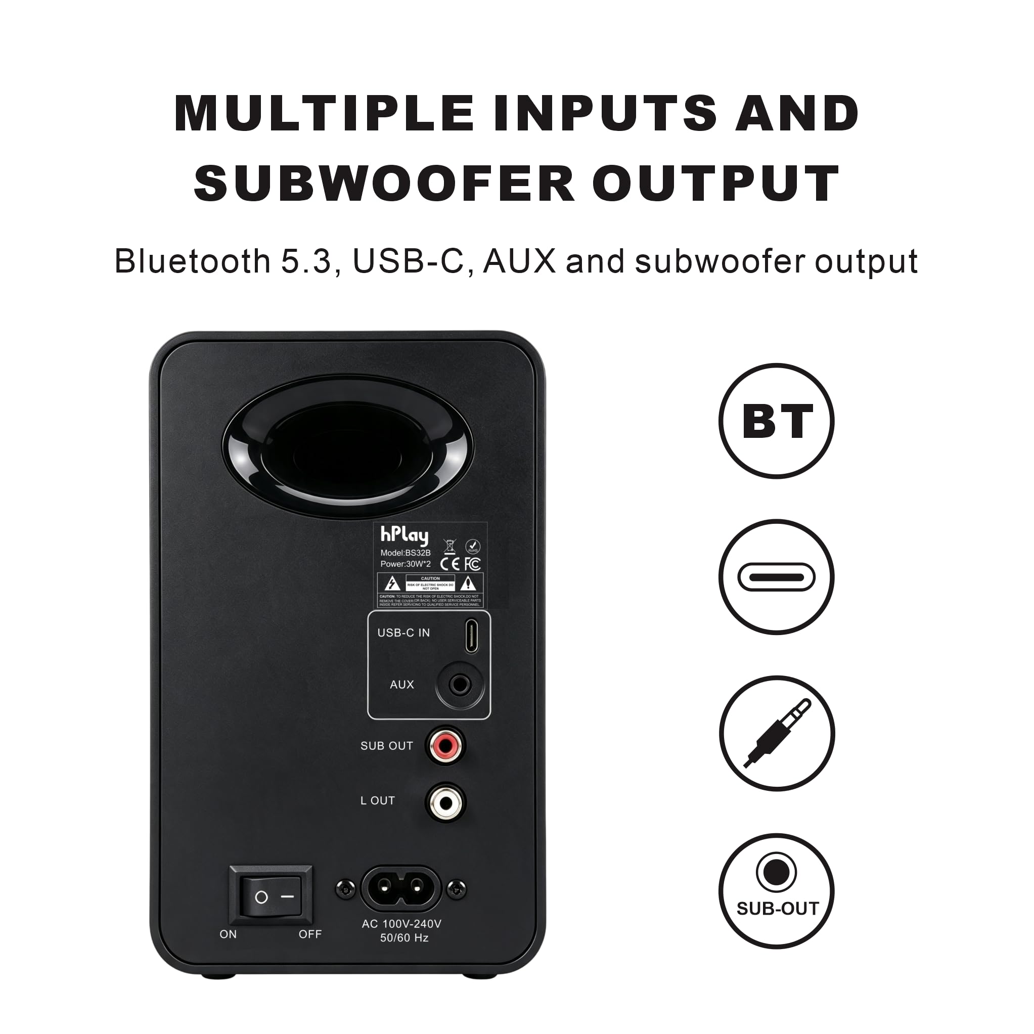 hPlay Enceintes Actives BS32B, 60W RMS, pour PC, avec Bluetooth 5.3, Connexion USB-C Plug & Play, Carte Son, Sortie subwoofer, télécommande et Design Compact – Noir