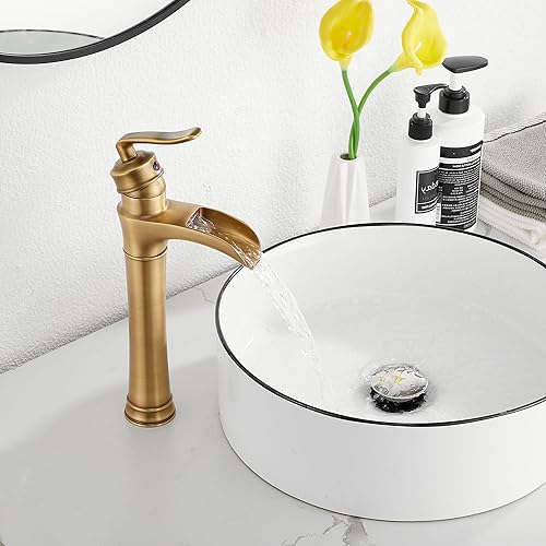 Miniatura 9 de Grifo de baño de cascada de latón antiguo GGStudy con una sola manija de un agujero, grifo de lavabo de baño a juego con drenaje desplegable