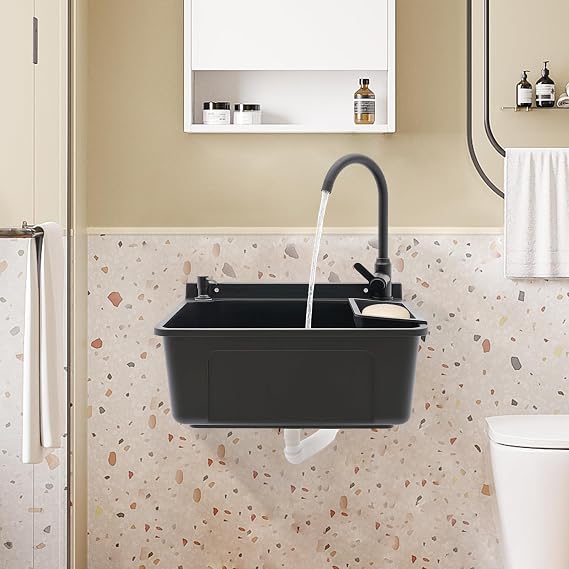 Wall-Mounted Utility Sink, Rotatable Hot & Cold Water Faucet Laundry Sink with Soap Box & Soap Dispenser, Utility Sink Tub Kit for Basement, Laundry Room, Garage and Shop (Black)