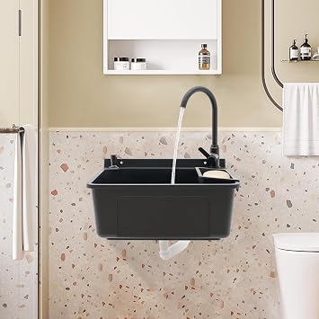Wall-Mounted Utility Sink, Rotatable Hot & Cold Water Faucet Laundry Sink with Soap Box & Soap Dispenser, Utility Sink Tub Kit for Basement, Laundry Room, Garage and Shop (Black)