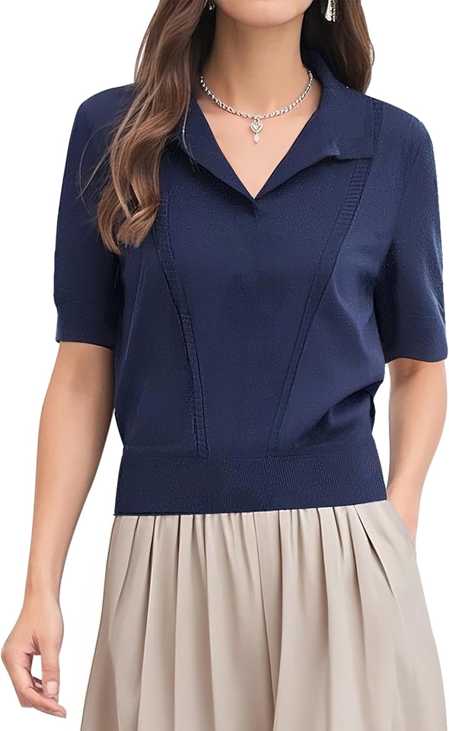 Urban CoCo Women's Short Sleeve V-Neck Collared Sweater 2025 Spring Summer Ribbed Knit Tops for Business Casual - Image 3