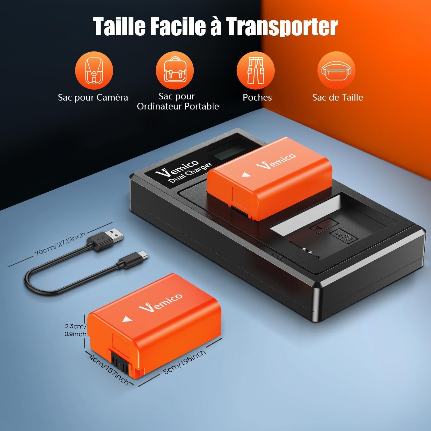 Vemico NP-FW50 Batterie Chargeur 2 Pack 1200mAh avec Double Fente Chargeur LCD Type-C pour ZV-E10 A7 A7ii A7rii A6000 A6500 A6400 A6300 A5100 A5000 RX10 A55 Nex Série 3/5/6/7 Série SLT-A