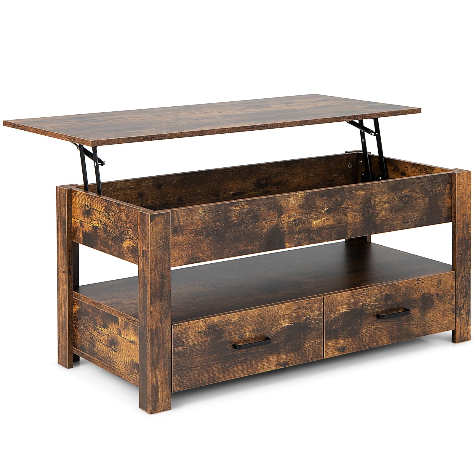 LIFEZEAL Mesa de Centro Elevable de 3 Niveles con Tapa, 2 Cajones y Almacenamiento Abierto, de Madera para Sala de Estar, Marrón