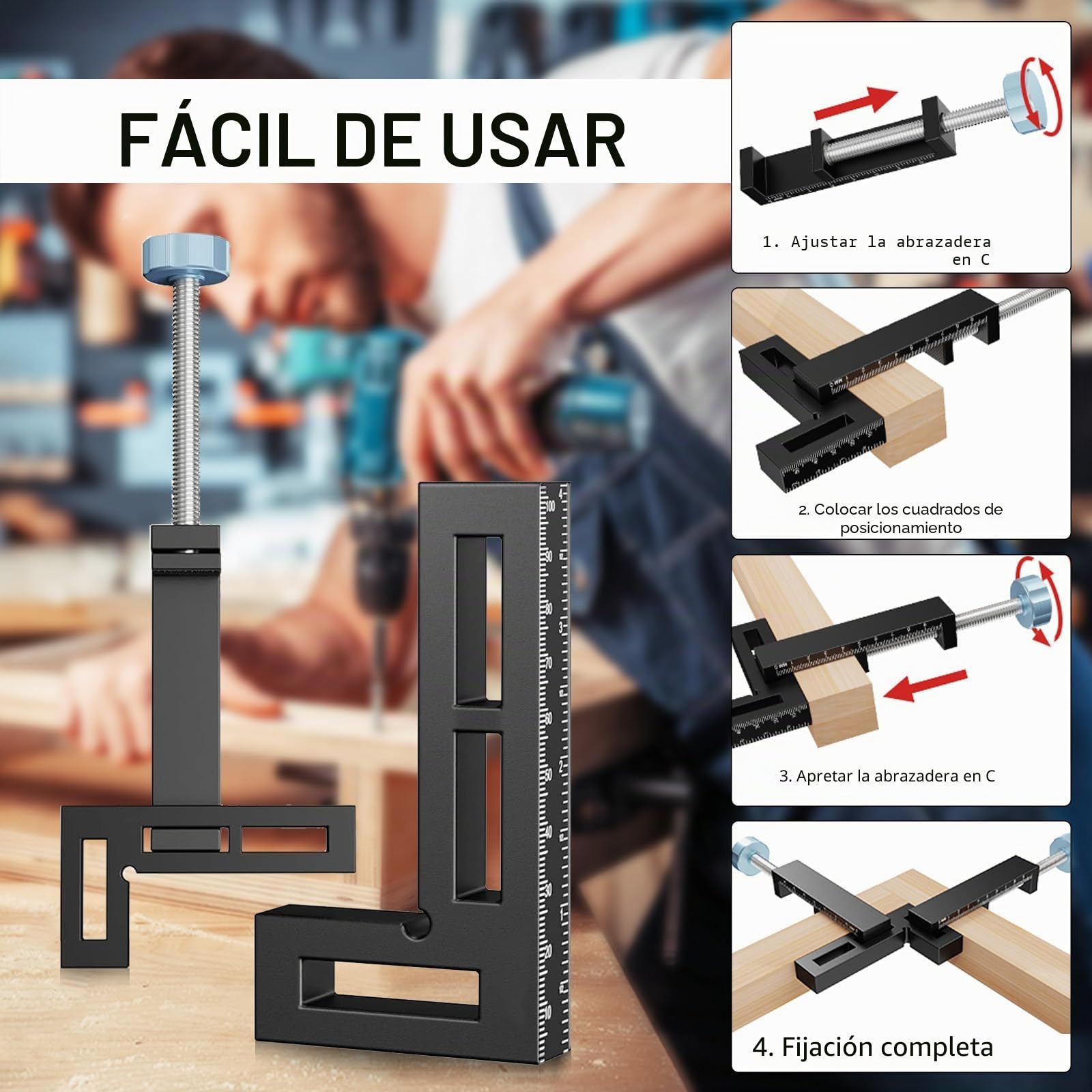 Escuadra de Posicionamiento 90°, Juego de 4 Piezas Fabricada en Aleación de Aluminio Sargentos de Apriete con 8 Ajustadores de ángulo Herramientas para Carpintería Bricolaje y Manualidades