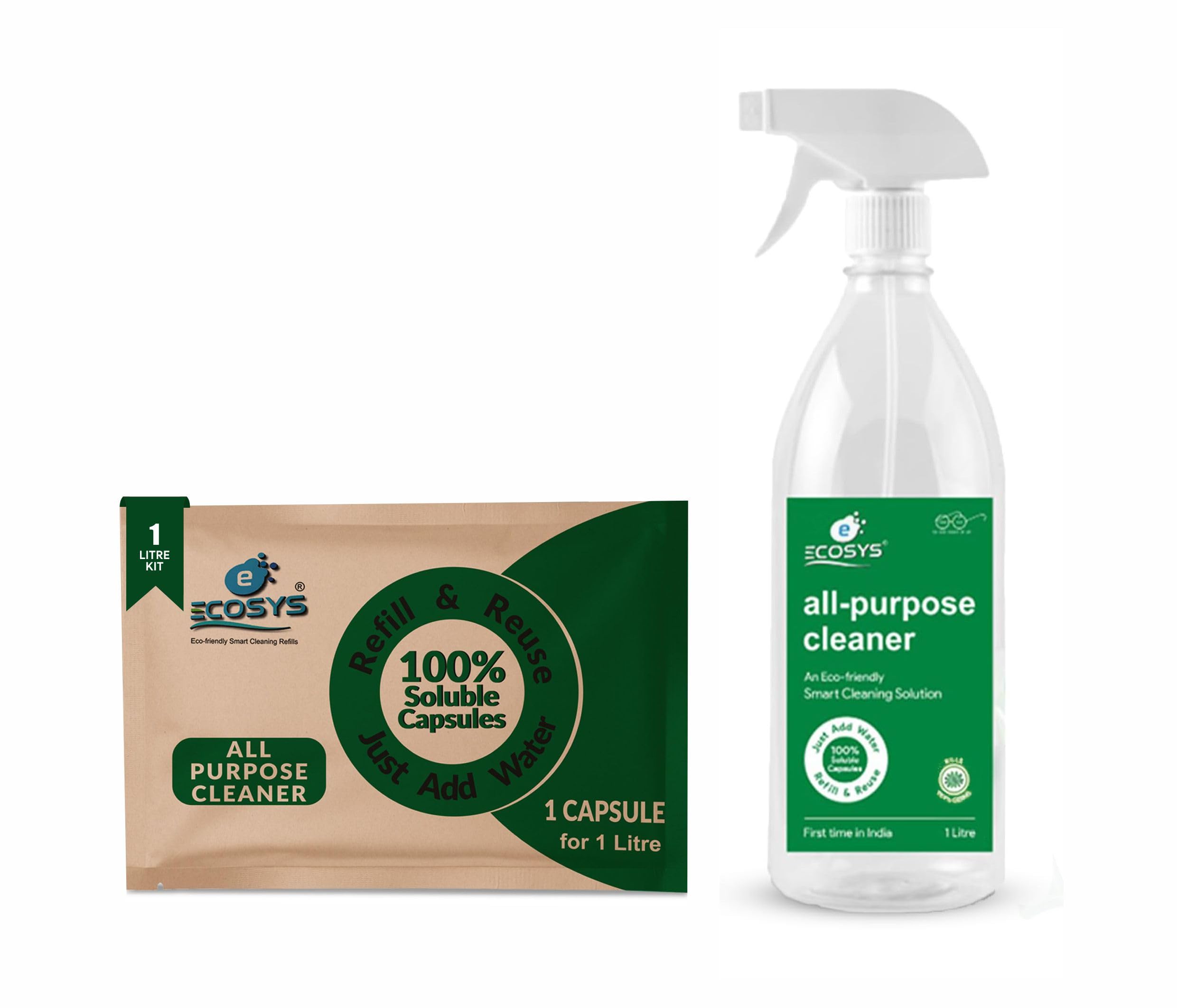 Ecosys All Purpose Cleaner Capsules, Kitchen Cleaning Spray, Removes Tough Stains, Grease, Oil, Chimney, Sink, Tiles, (1L Refillable Spray Bottle + 1 Cleaner Capsule) Pack of 1Ltr