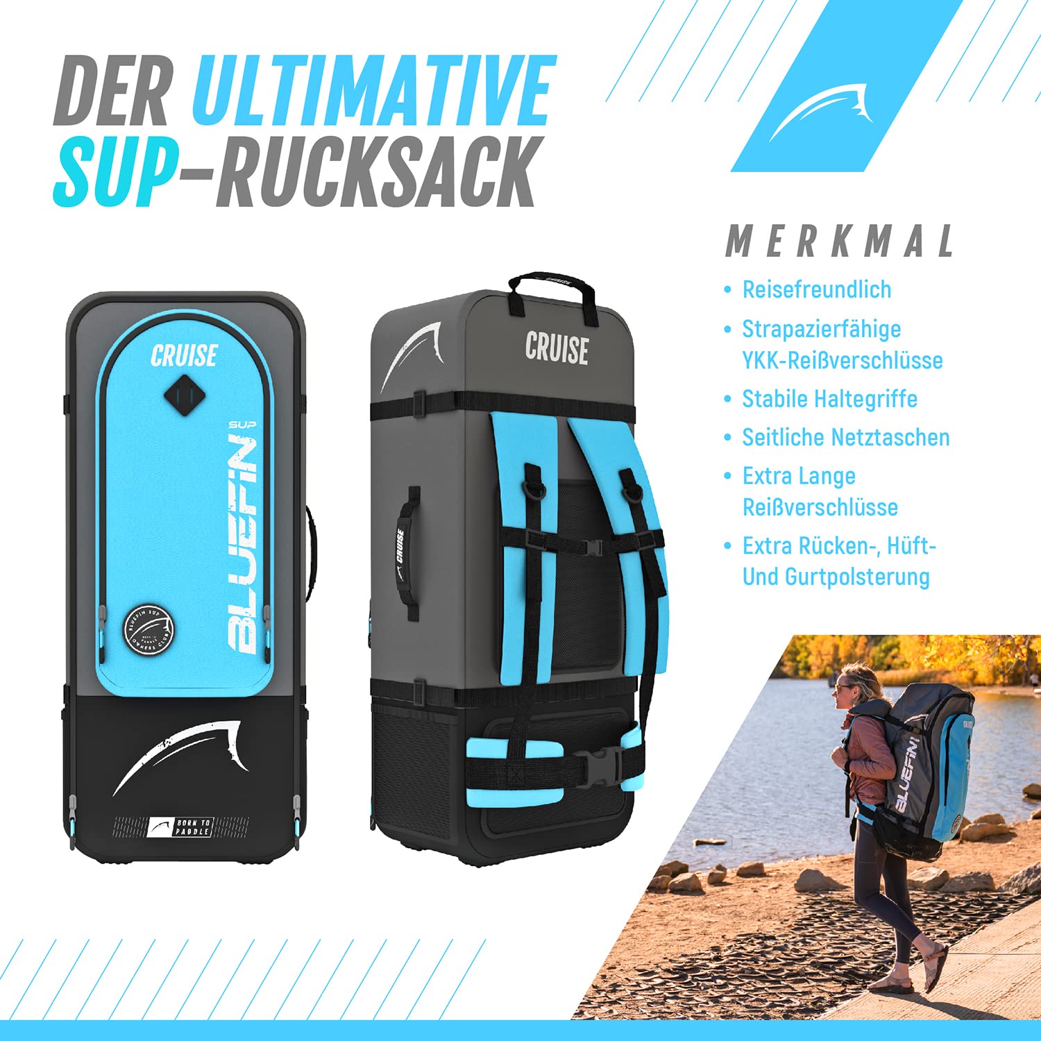 Bluefin Cruise Premium Stand Up Paddle Set | Aufblasbares Paddleboard für Erwachsene | SUP Paket mit Rucksack, Fiberglas-Paddel und Pumpe | 5 Jahre Garantie
