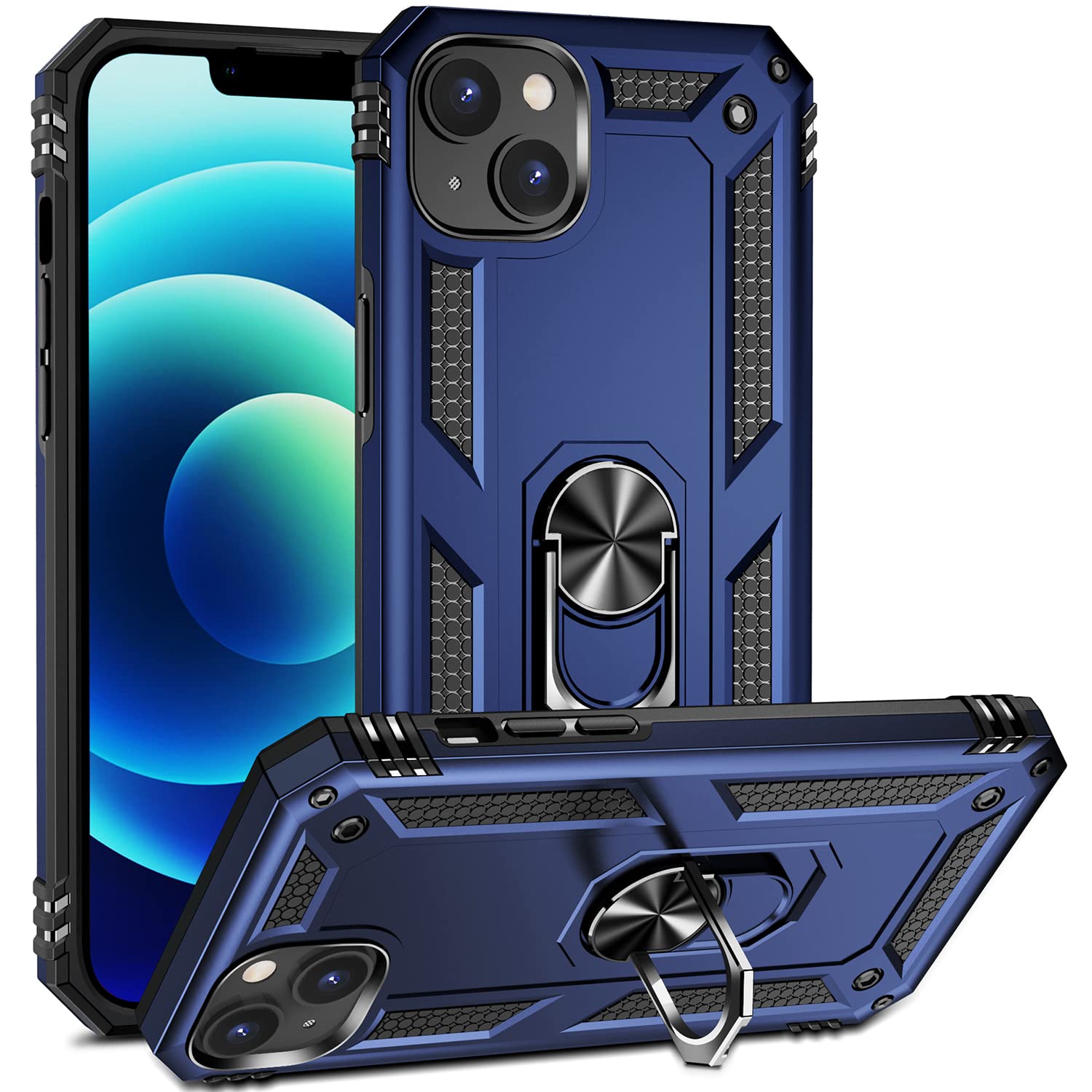 Dionsibei Military Grade Drop Impact for iPhone 14 Plus Case 360 Metal Rotating Ring Kickstand Holder Armor Heavy Duty Shockproof Case for iPhone 14 Plus Phone Case (Blue)