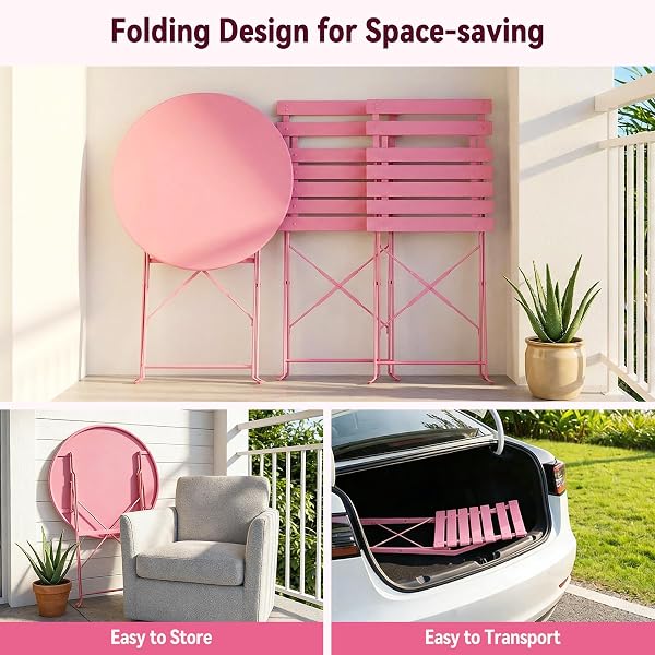 Warmiehomy 3 Piece Folding Bistro Set, Metal Outdoor Table and Chairs Set 2 with Anti-Slip Feet, Space Saving Conversation Patio Furniture for Balcony, Garden, Yard, Lawn, Café, No Assembly, Pink - 3