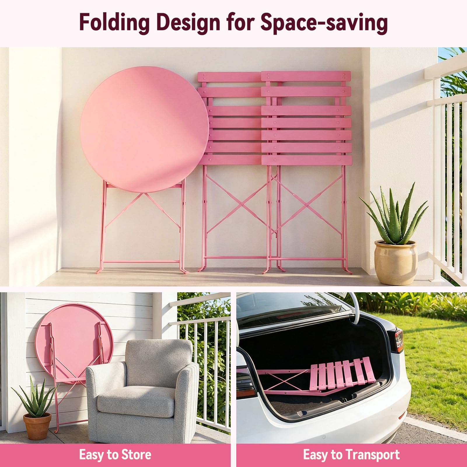 Warmiehomy 3 Piece Folding Bistro Set, Metal Outdoor Table and Chairs Set 2 with Anti-Slip Feet, Space Saving Conversation Patio Furniture for Balcony, Garden, Yard, Lawn, Café, No Assembly, Pink - 4