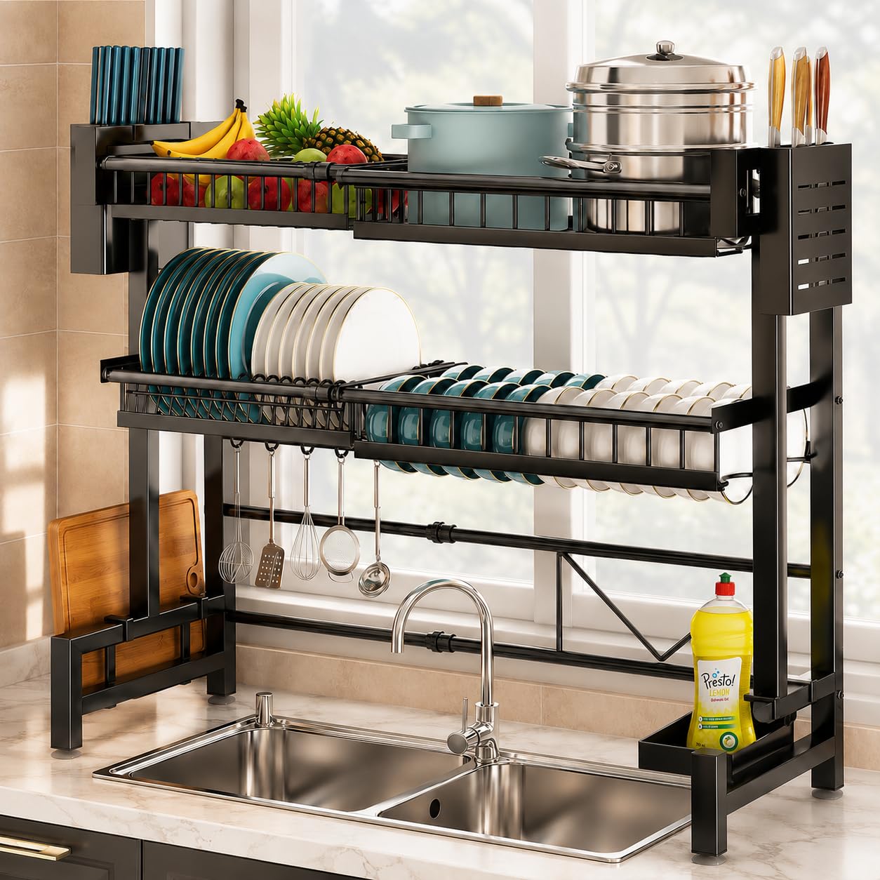 COMFYHOME Over Sink Dish Drying Rack for Kitchen– 2-Tier Carbon Steel Kitchen Organizer with Utensil Holder & Cutting Board Slot – Expandable Length 23.6"-39.3"(Black)-image-27