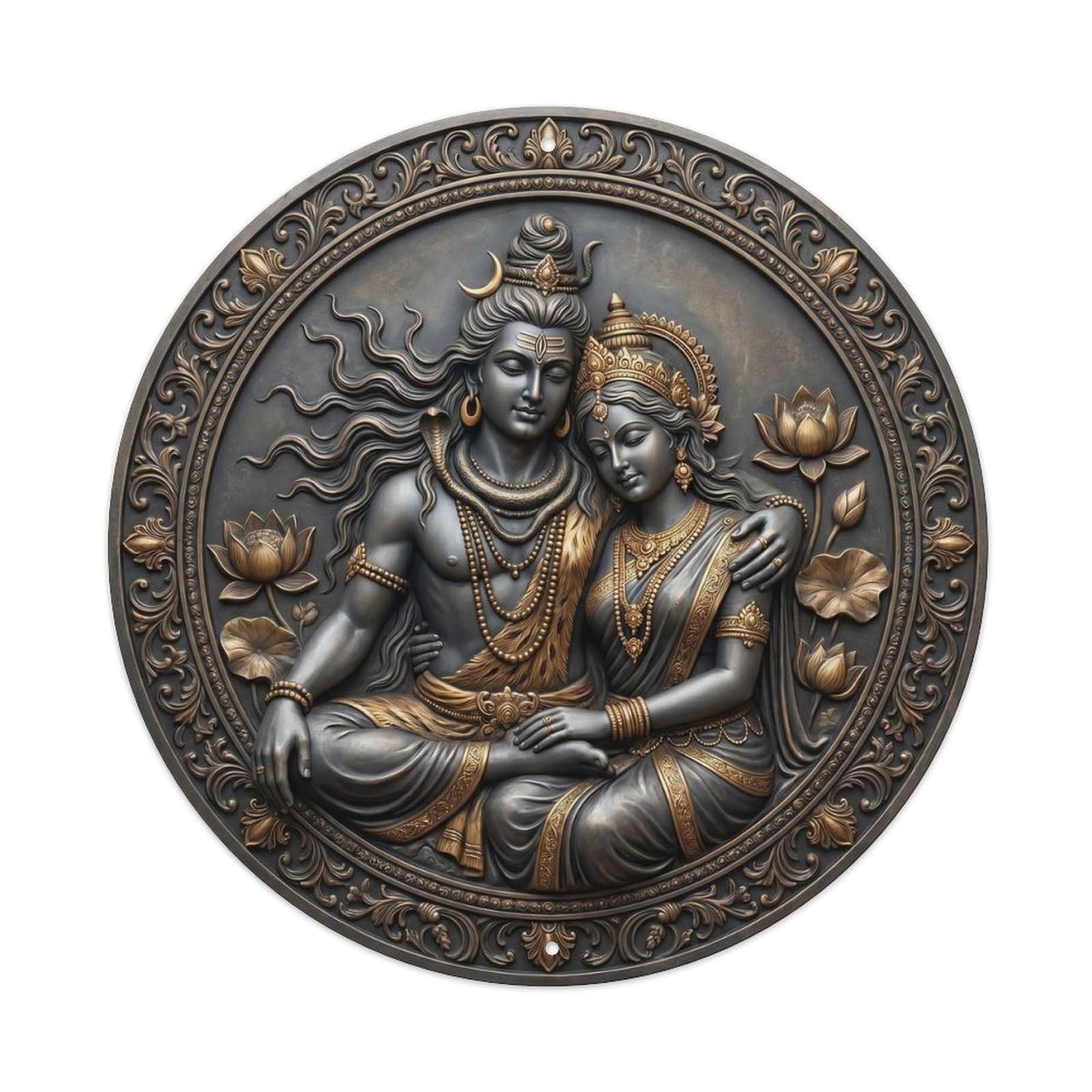 Shiva Parvati Divine Couple Lotus Relief Sculpture Metal Tin Sign