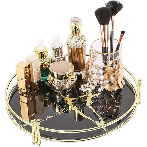 Zosenley Makeup Organizer Tray, Decorative Glass Vanity Tray, Round Cosmetic Storage for Jewelry, Makeup, Perfume, Decor and More, Size 11.5”, Black Marbling