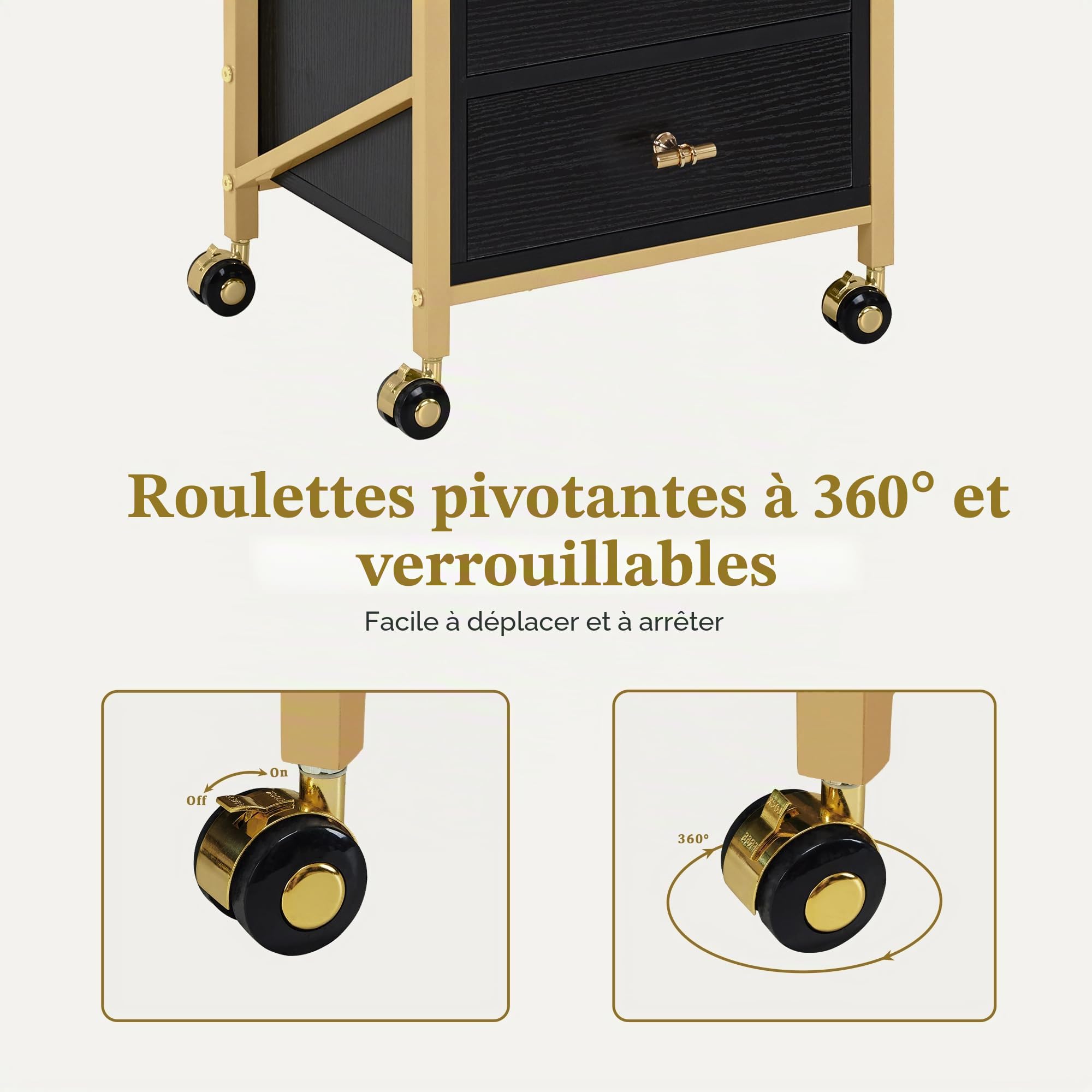 MCombo Chariot de coiffure 3 tiroirs noir doré 30x40x97 cm