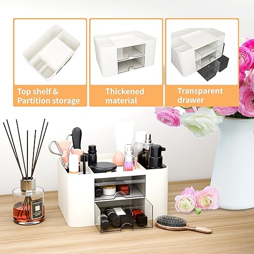 Miniatura 5 de Organizador de escritorio con 2 cajones, soporte multifuncional para lápices, organizadores de escritorio de plástico y almacenamiento con 5