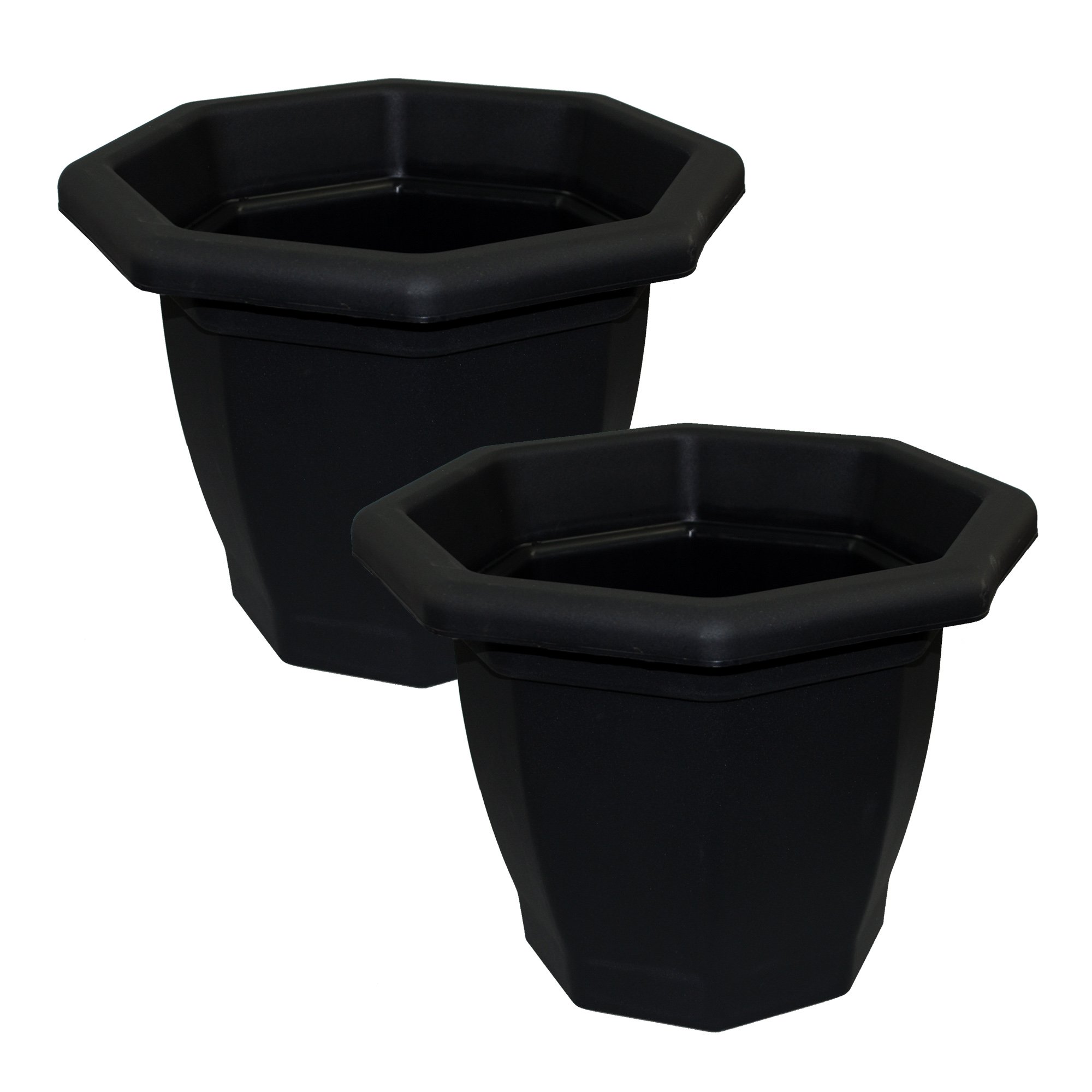 2 x Simpa® Ebony/Black Octagonal Plastic Garden Planter Indoor & Outdoor Flower/Plant Pot - 36cm Diameter - DIY Drainage Holes.