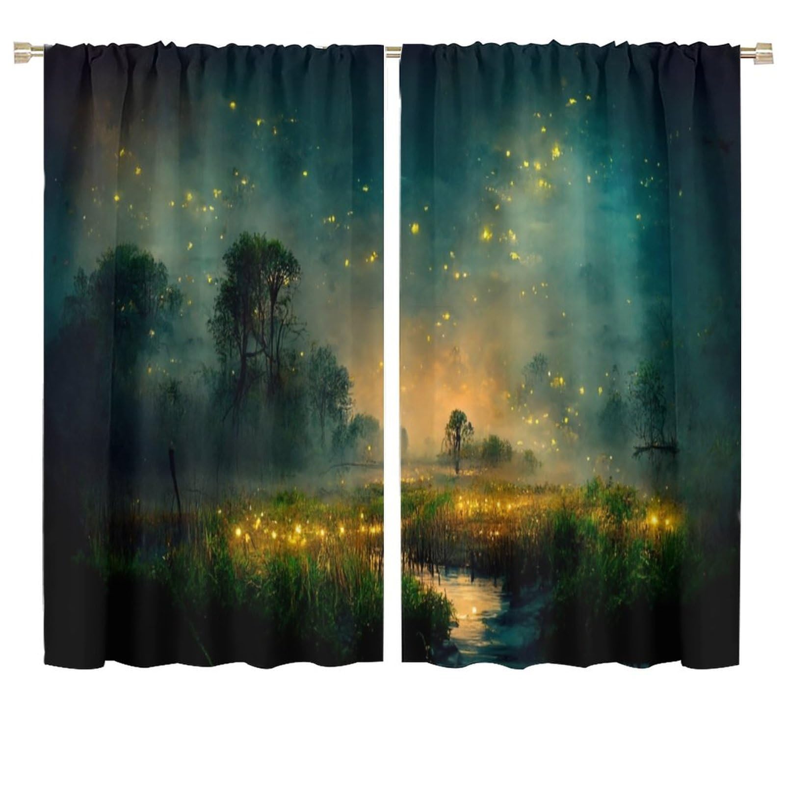 Firefly Blackout Window Curtain,Fantasy Marsh Landscape with Mystical Firefly Lighting for Baby Boys Bedroom Nursery Children Drapes 2 Panels 72x63in